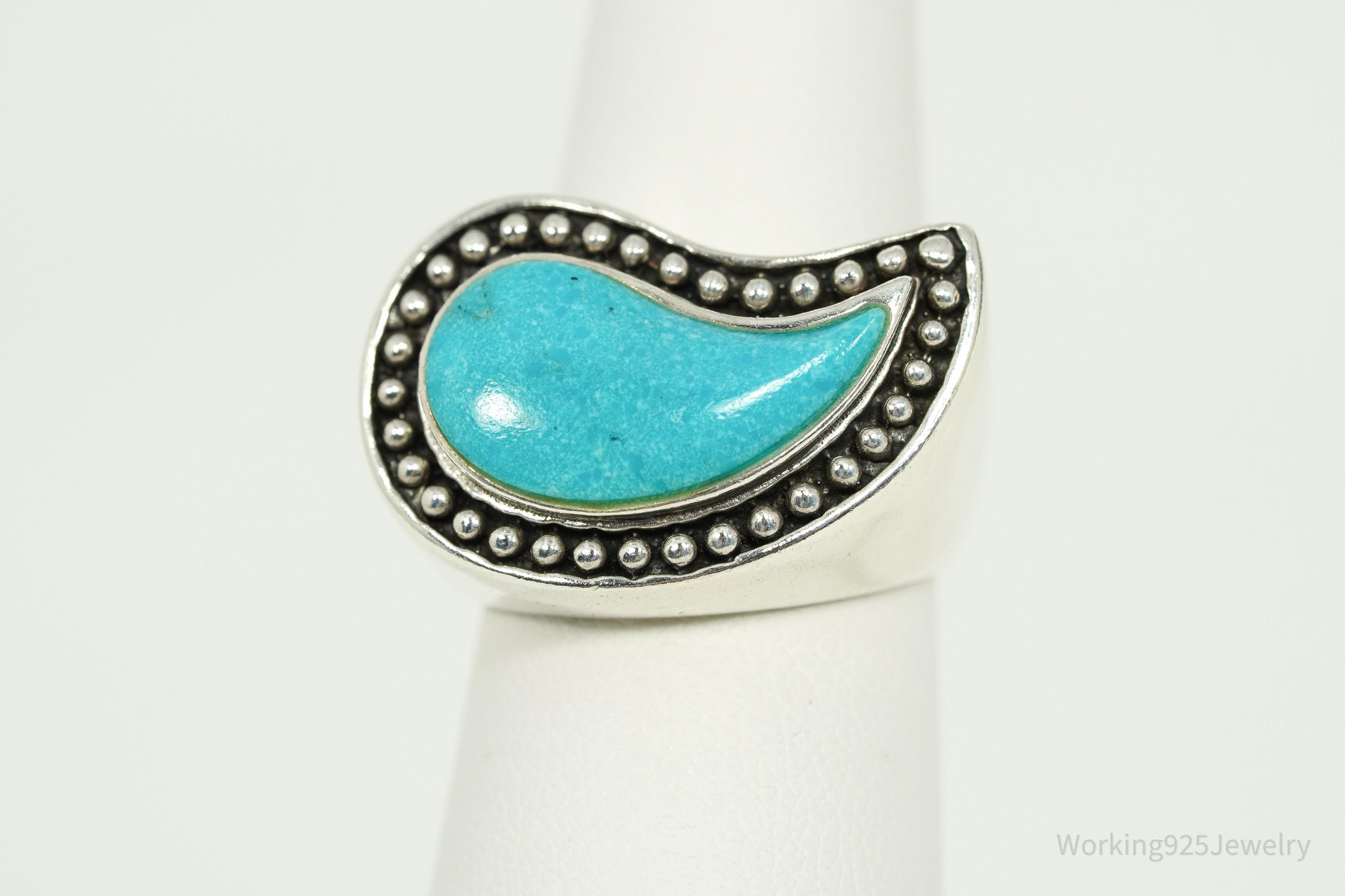 Vintage Designer SX Turquoise Paisley Sterling Silver Ring - Size 6.25