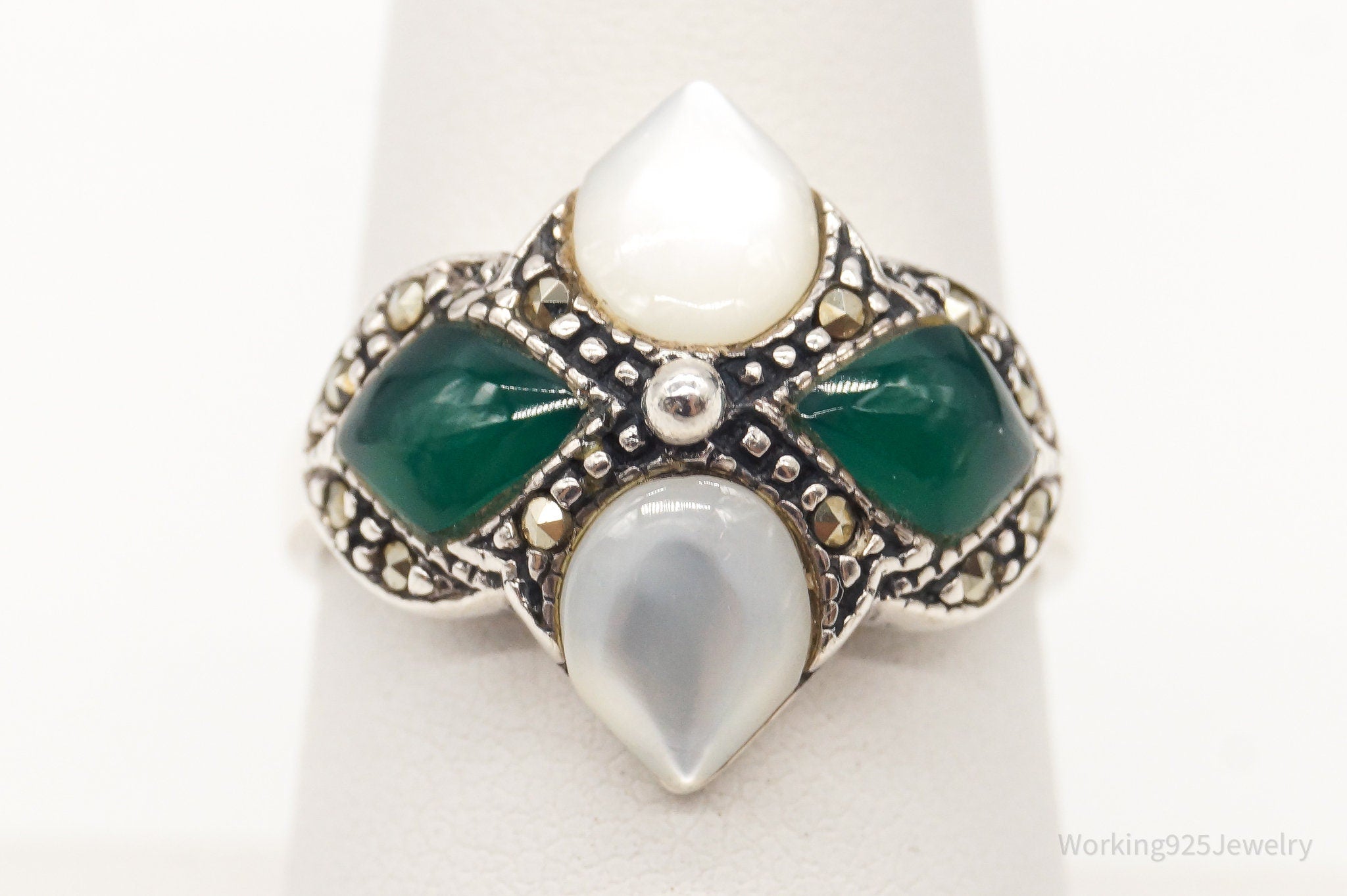 Vintage Green Onyx Mother Of Pearl Marcasite Sterling Silver Ring SZ 7.5