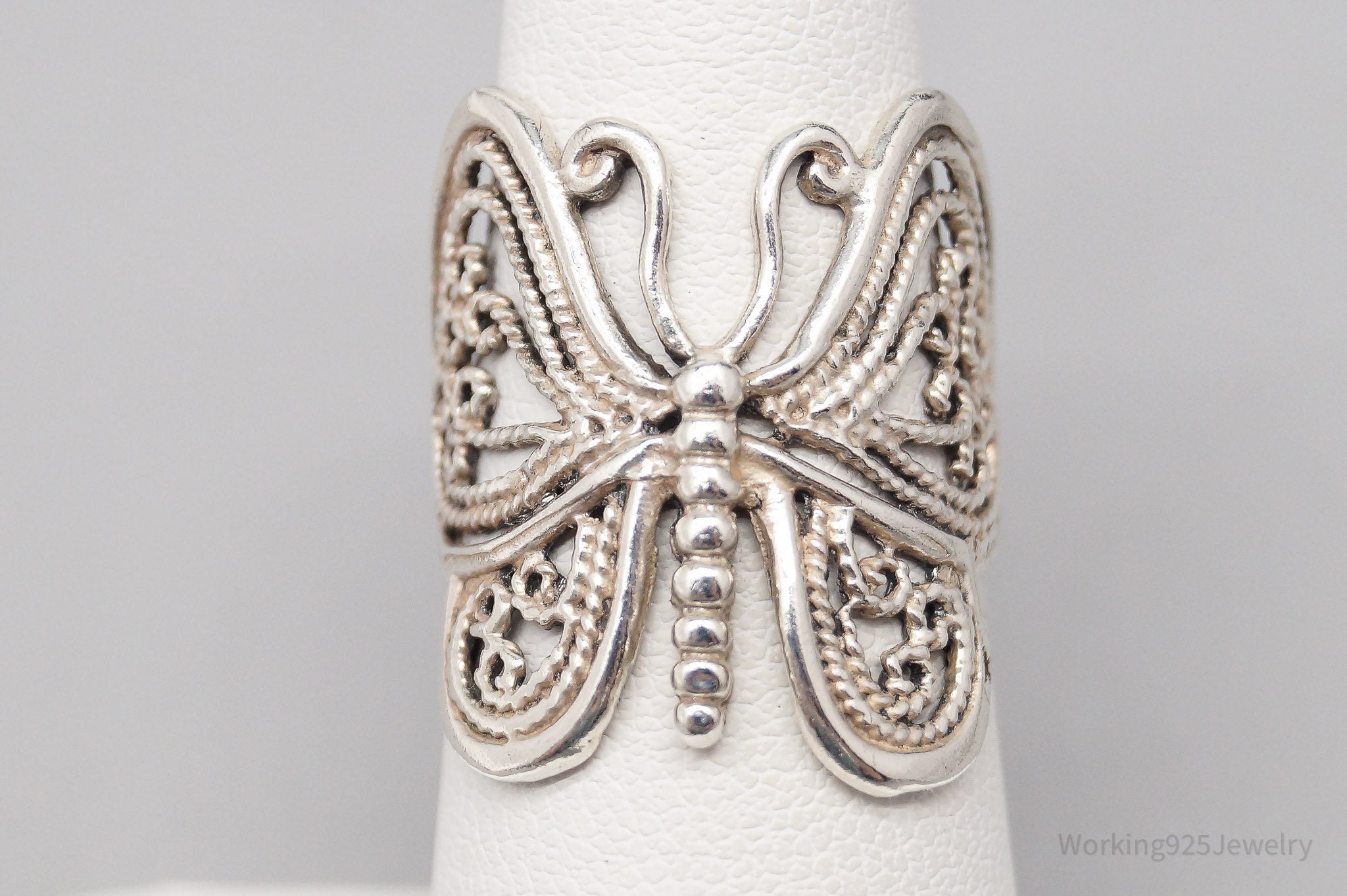 Vintage Ornate Butterfly Sterling Silver Ring - Size 6