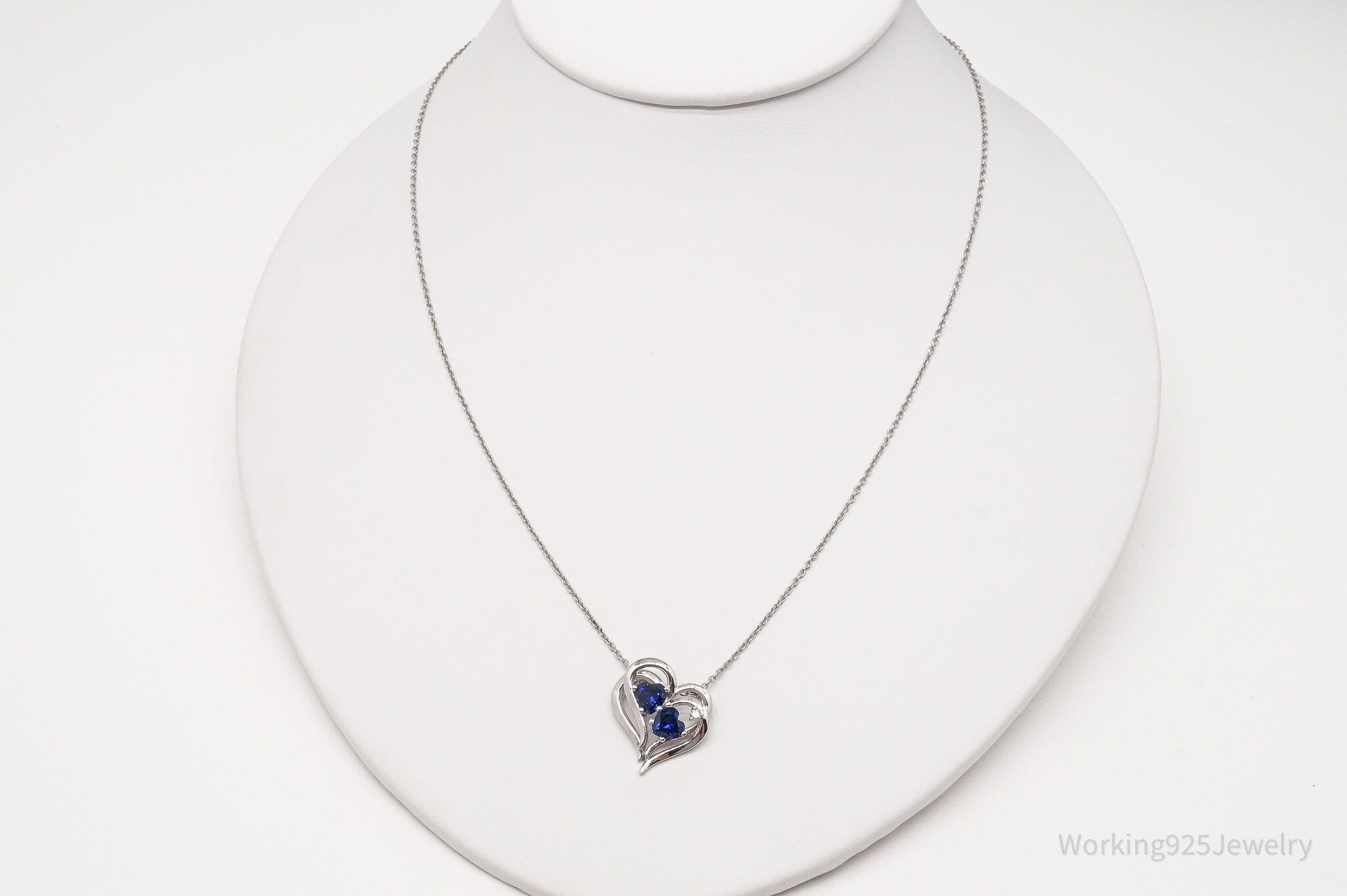 Vintage Lab Sapphire Diamond Heart Sterling Silver Necklace 18"