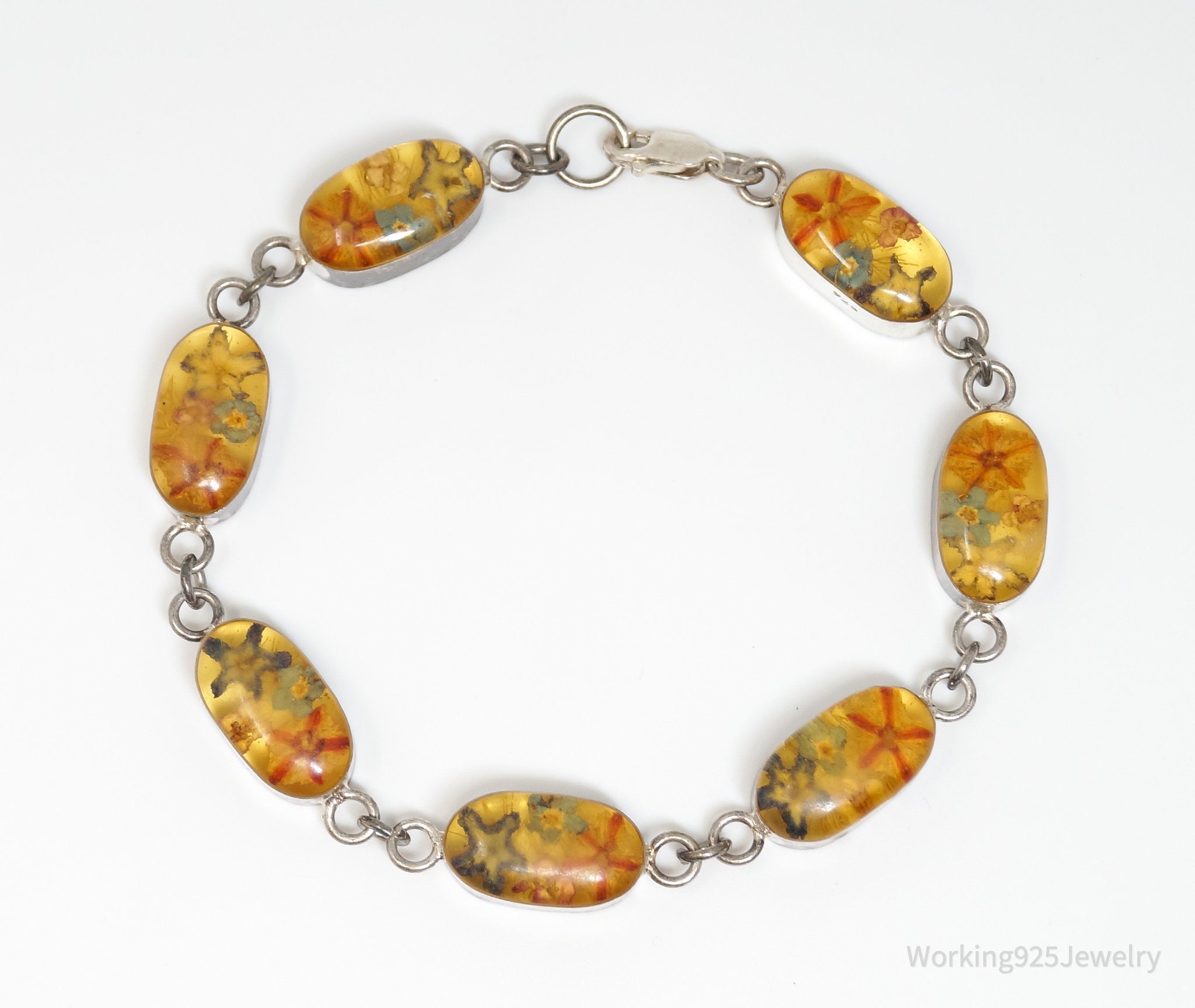 Vintage Pressed Flowers Resin Sterling Silver Bracelet