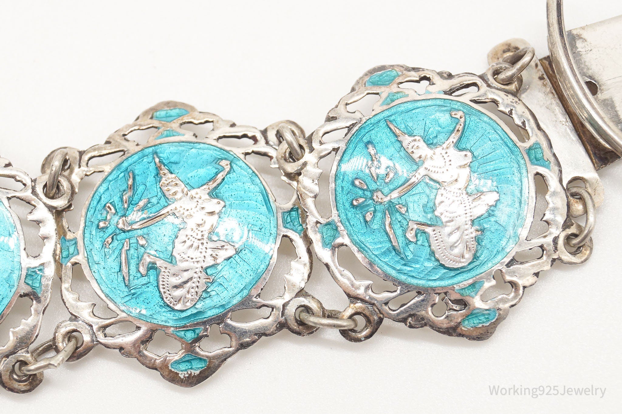 Vintage SIAM Blue Enamel Goddess Lightening Dancers Sterling Silver Bracelet