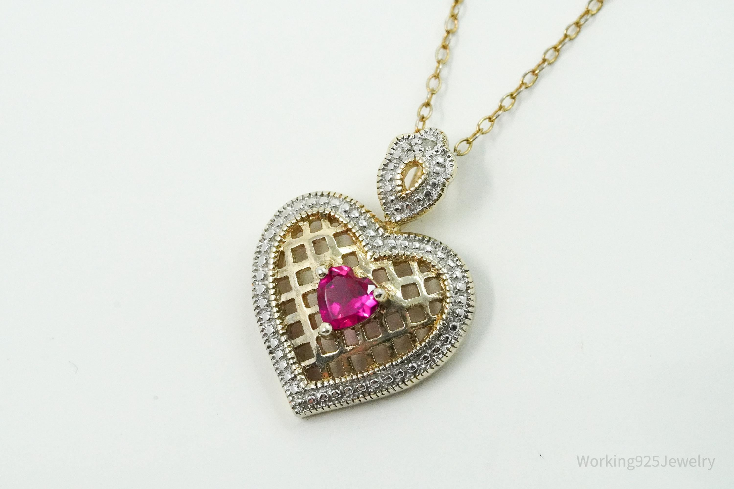 Vintage Ruby & Diamond Gold Over Sterling Silver Heart Necklace 18"