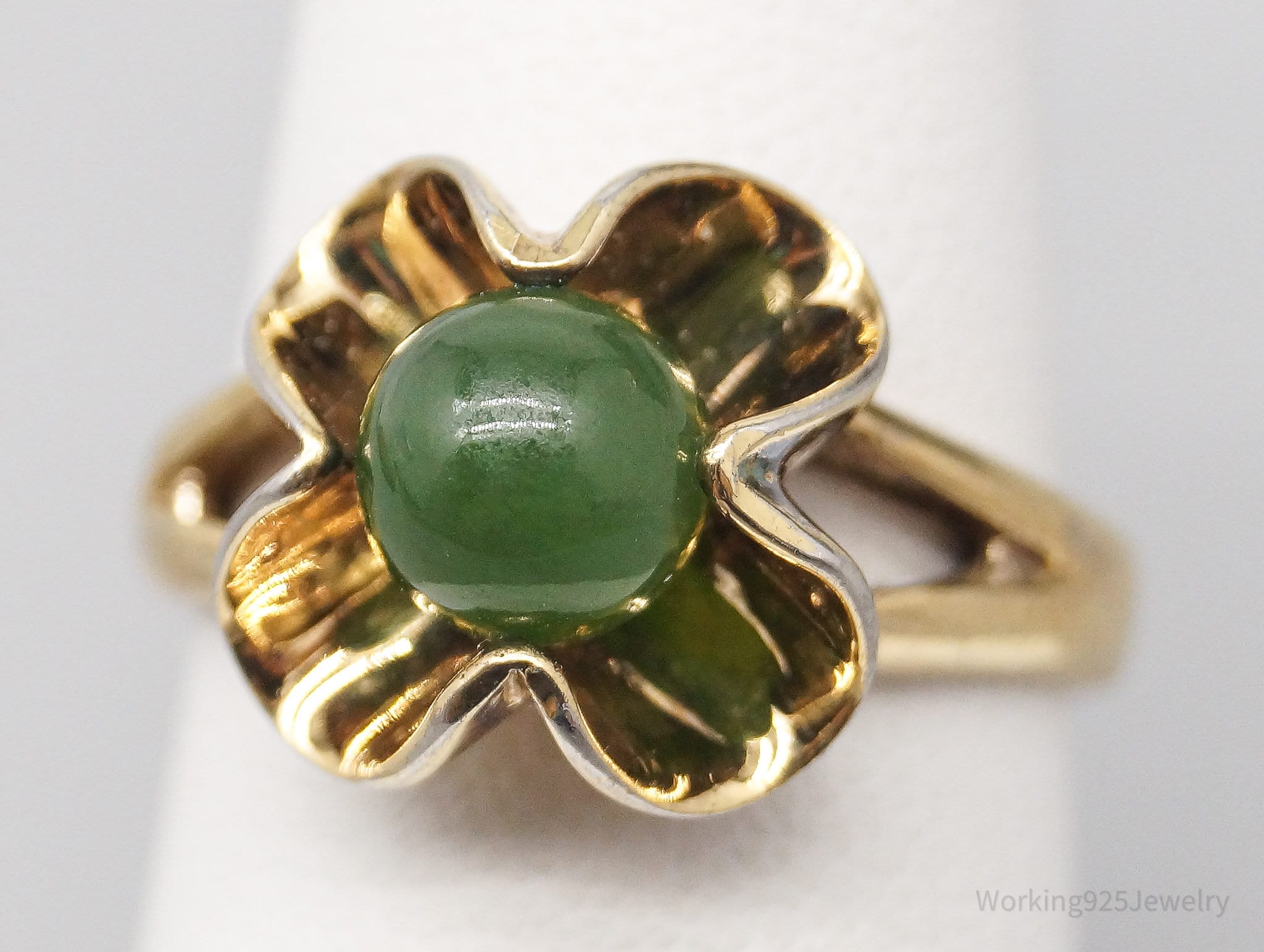 Vintage MCM Nephrite Jade Gold Vermeil Sterling Silver Ring - Size 6.5