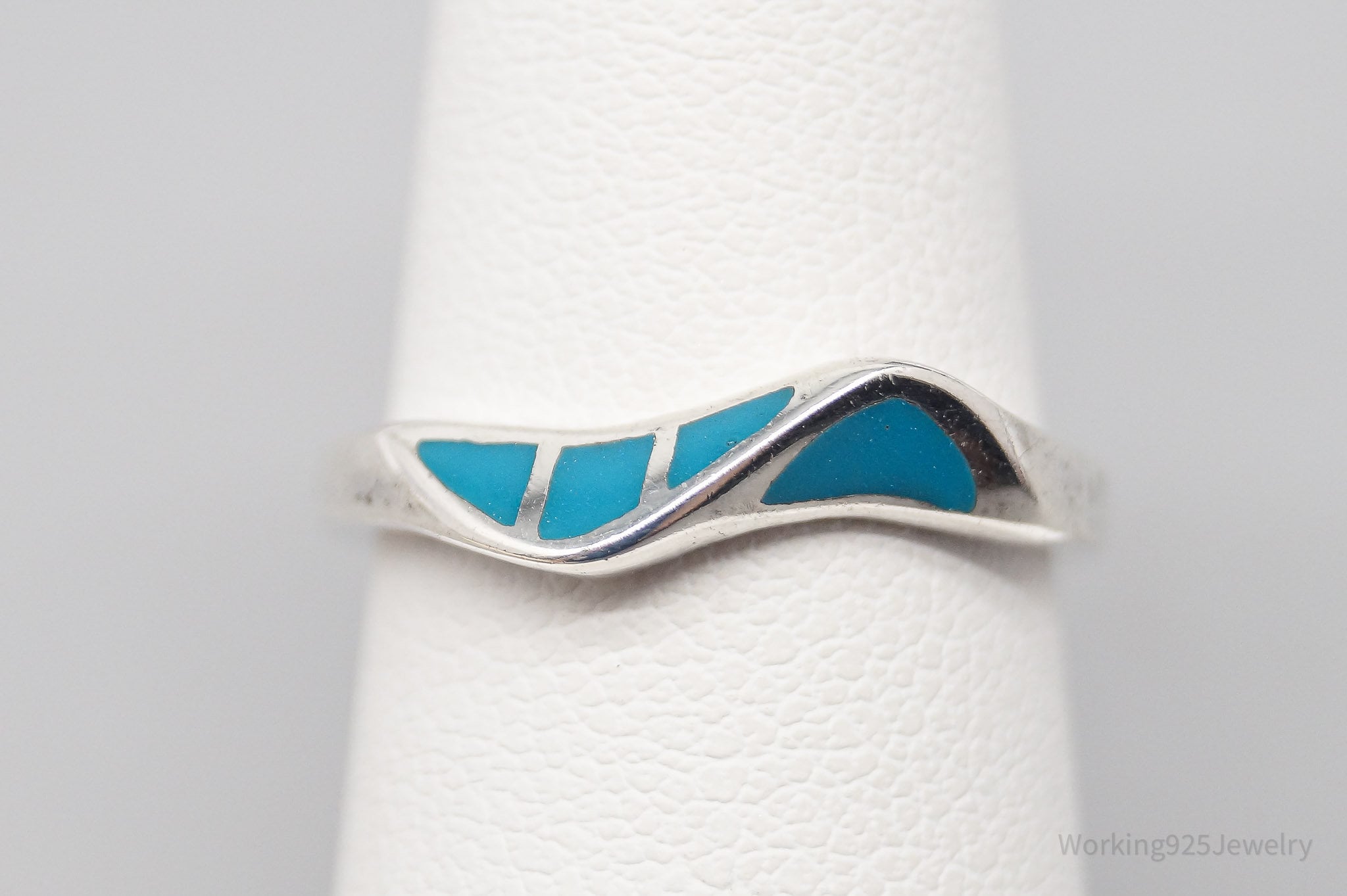 Vintage Modernist Style Blue Enamel Inlay Sterling Silver Ring - Size 5.75