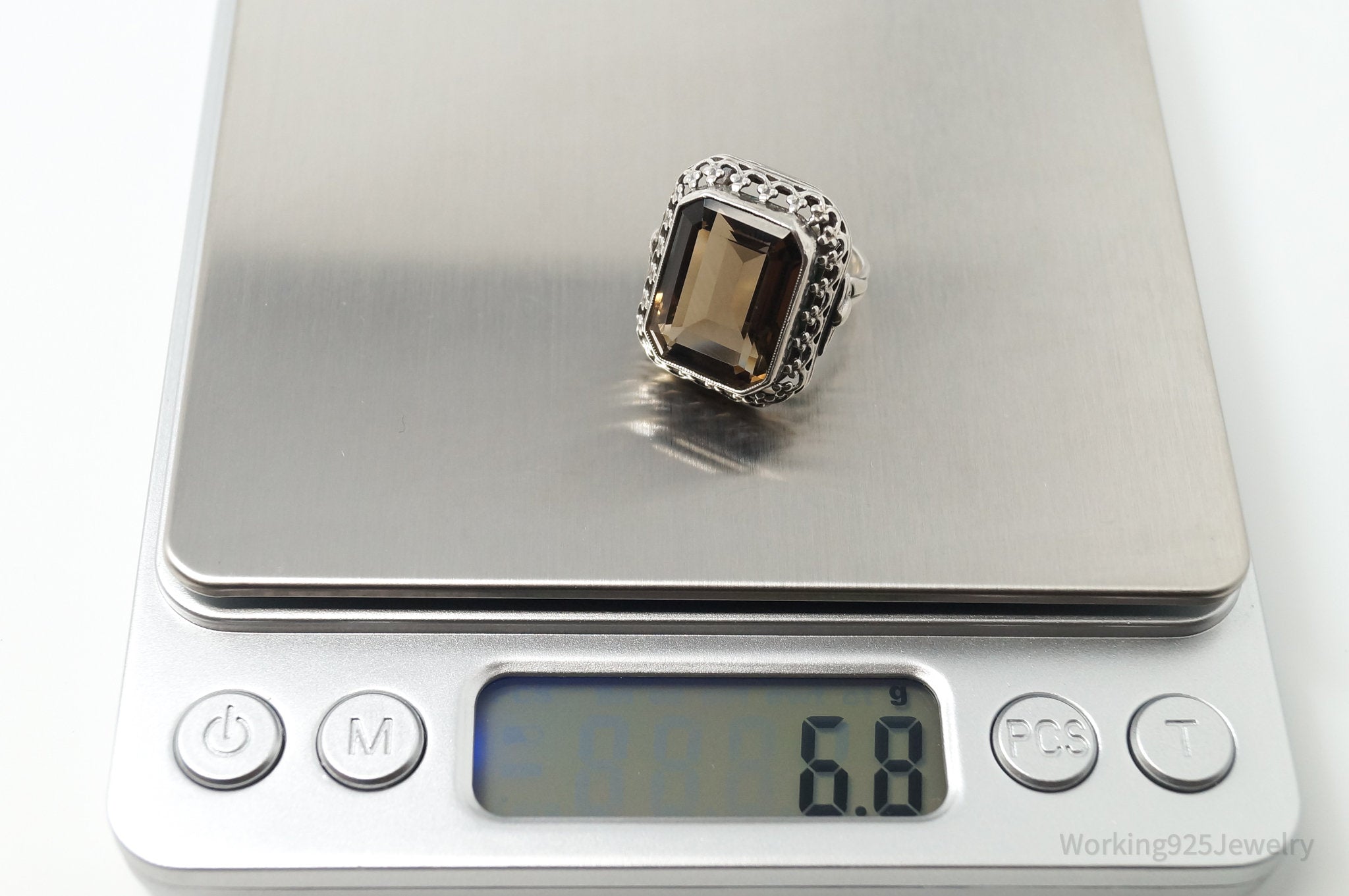 Vintage Large Smoky Topaz 835 Silver Ornate Statement Ring - Sz 6