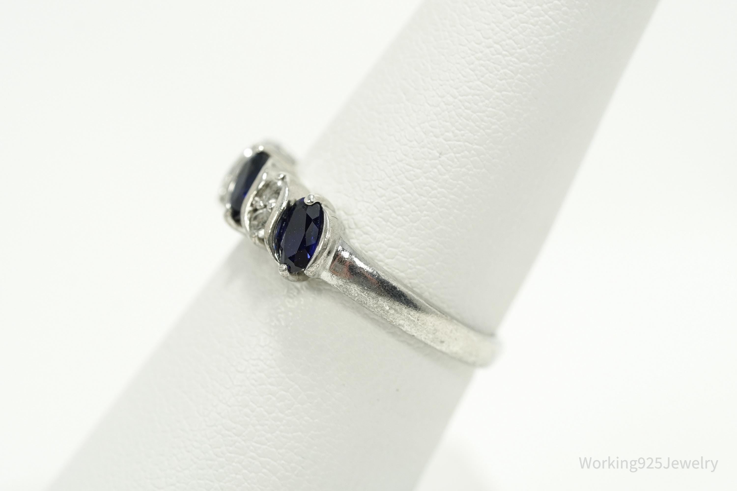Vintage Lab Sapphire & White Topaz Sterling Silver Ring - Size 7