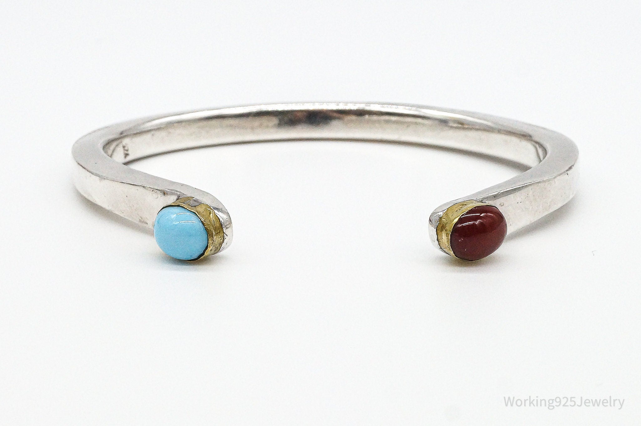 Vintage Turquoise Carnelian Brass Modernist Sterling Silver Cuff Bracelet