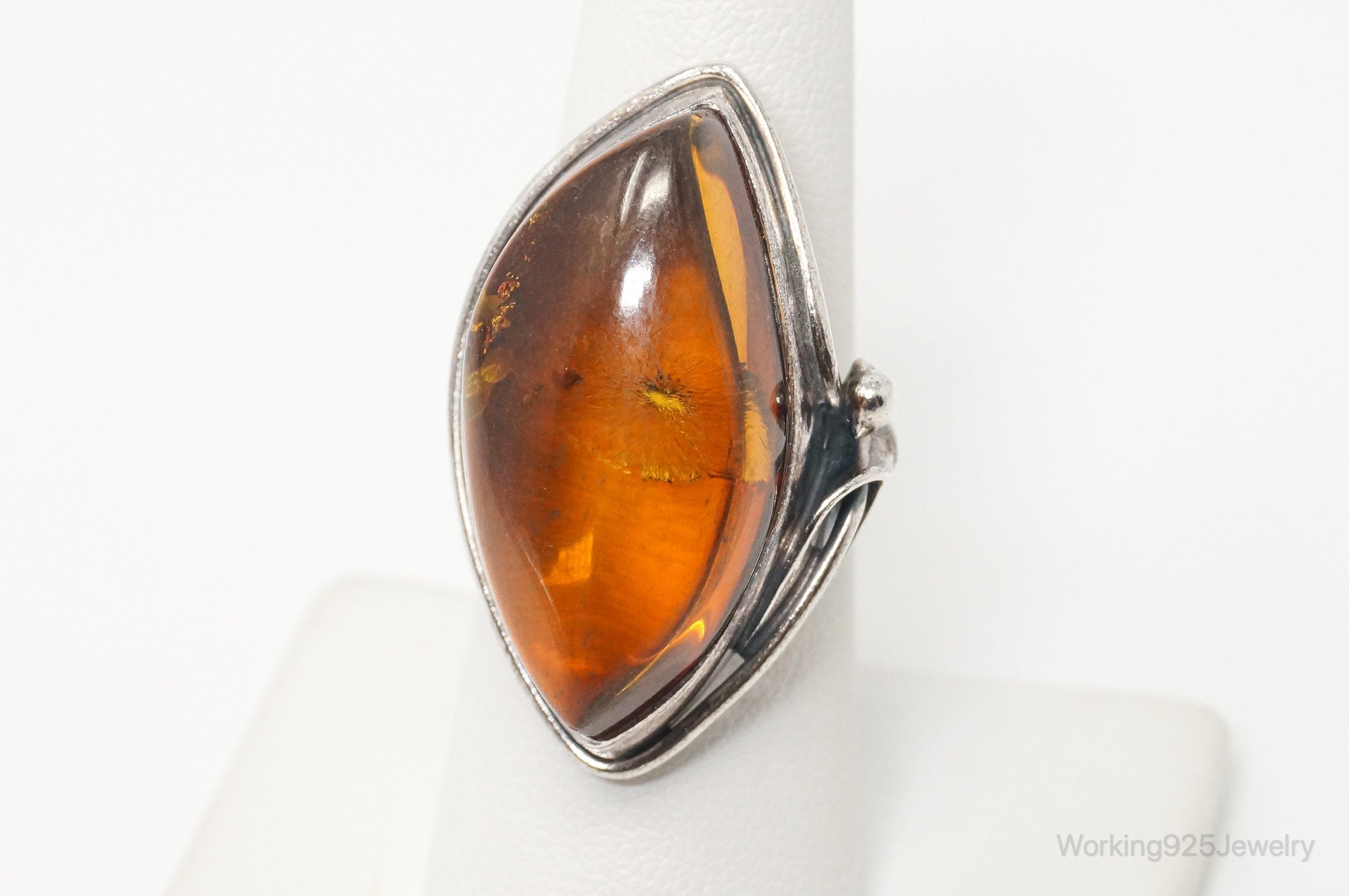 Vintage Large Honey Baltic Amber Sterling Silver Ring Size 6.75