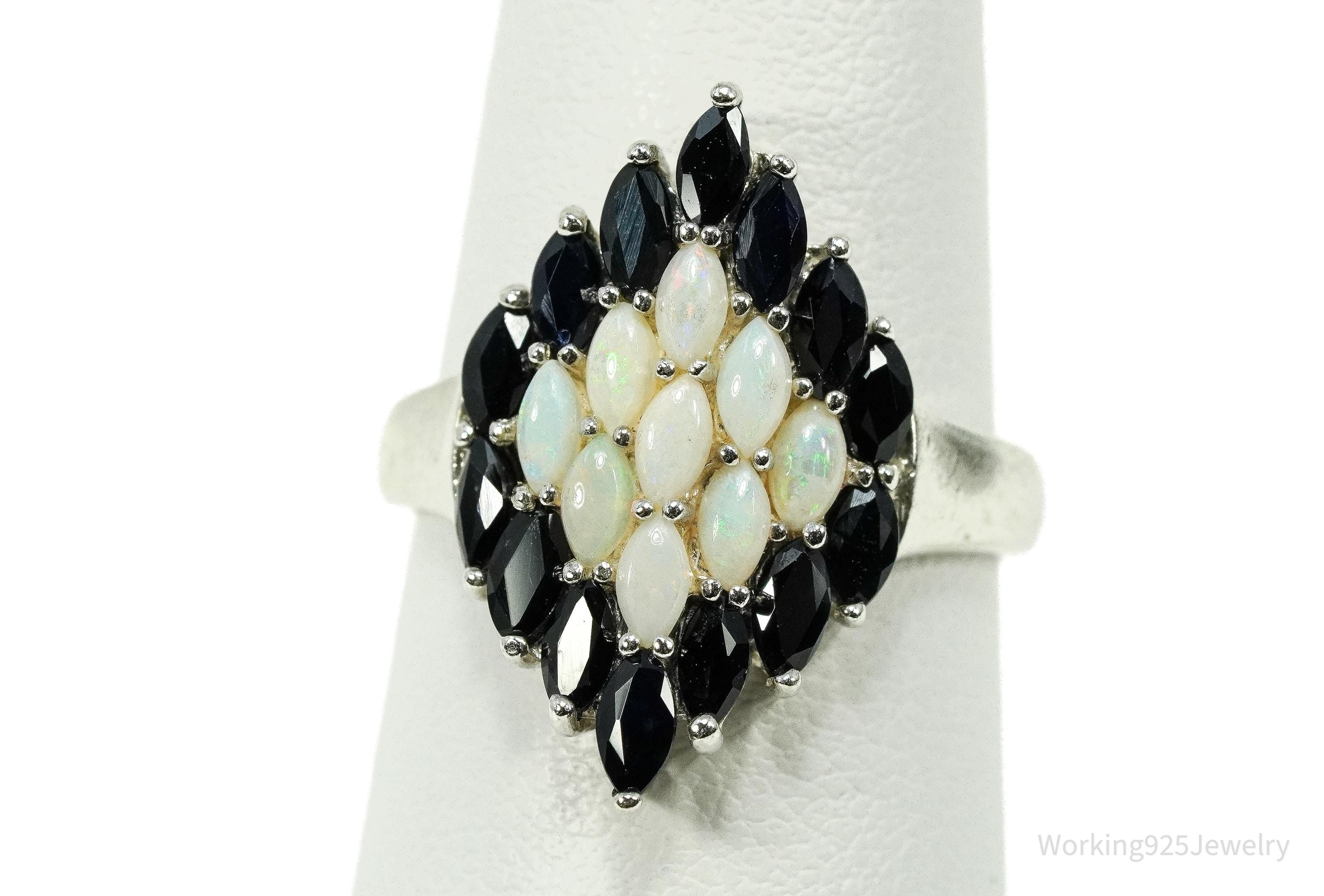 Vintage Opal & Blue Sapphire Sterling Silver Ring - Size 7