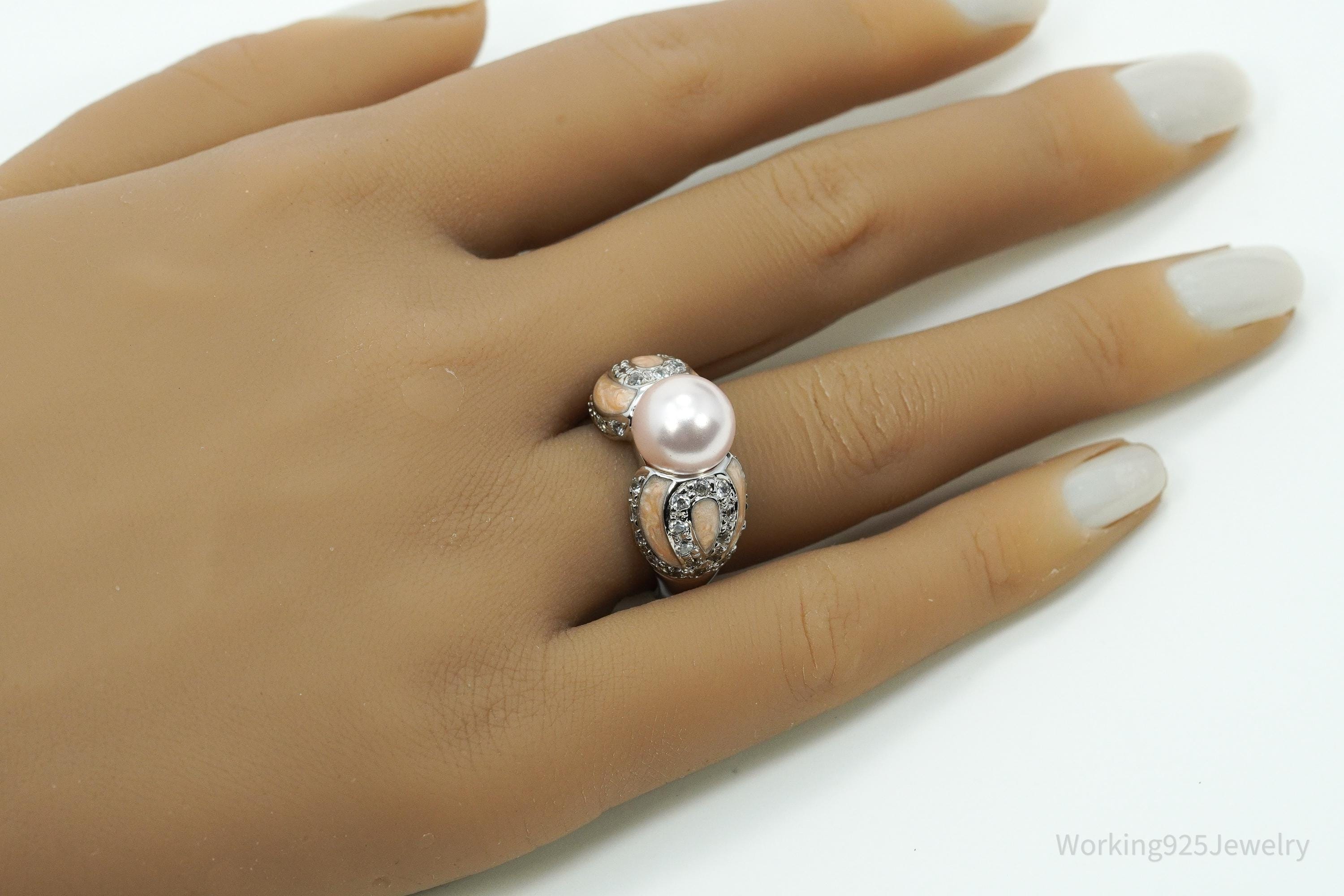 Vintage Ross Simons Pearl & Cubic Zirconia Enamel Sterling Silver Ring - Size 6.75
