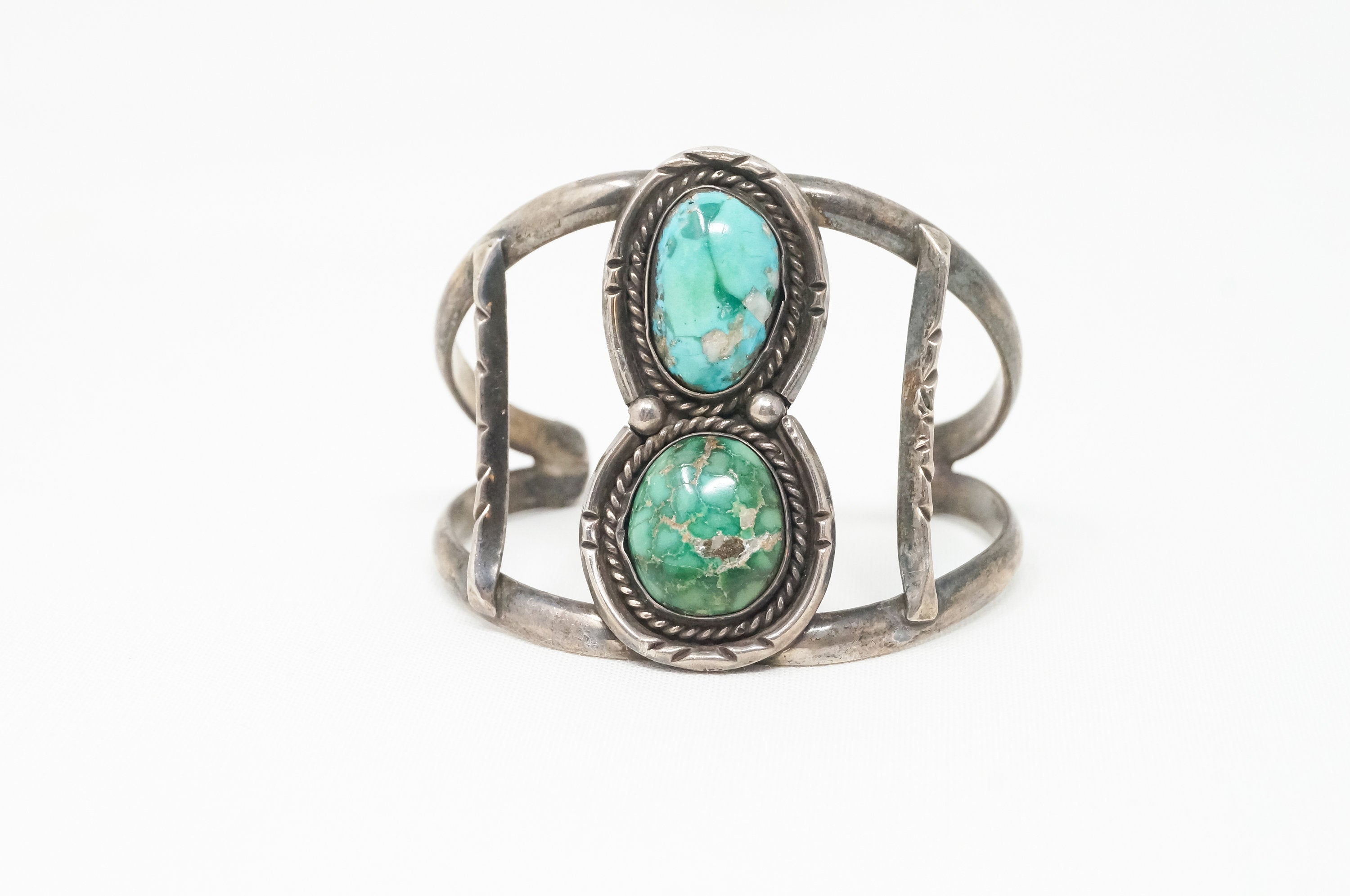 Vintage Southwestern Large Turquoise Rope Handmade Sterling Silver Cuff Bracelet