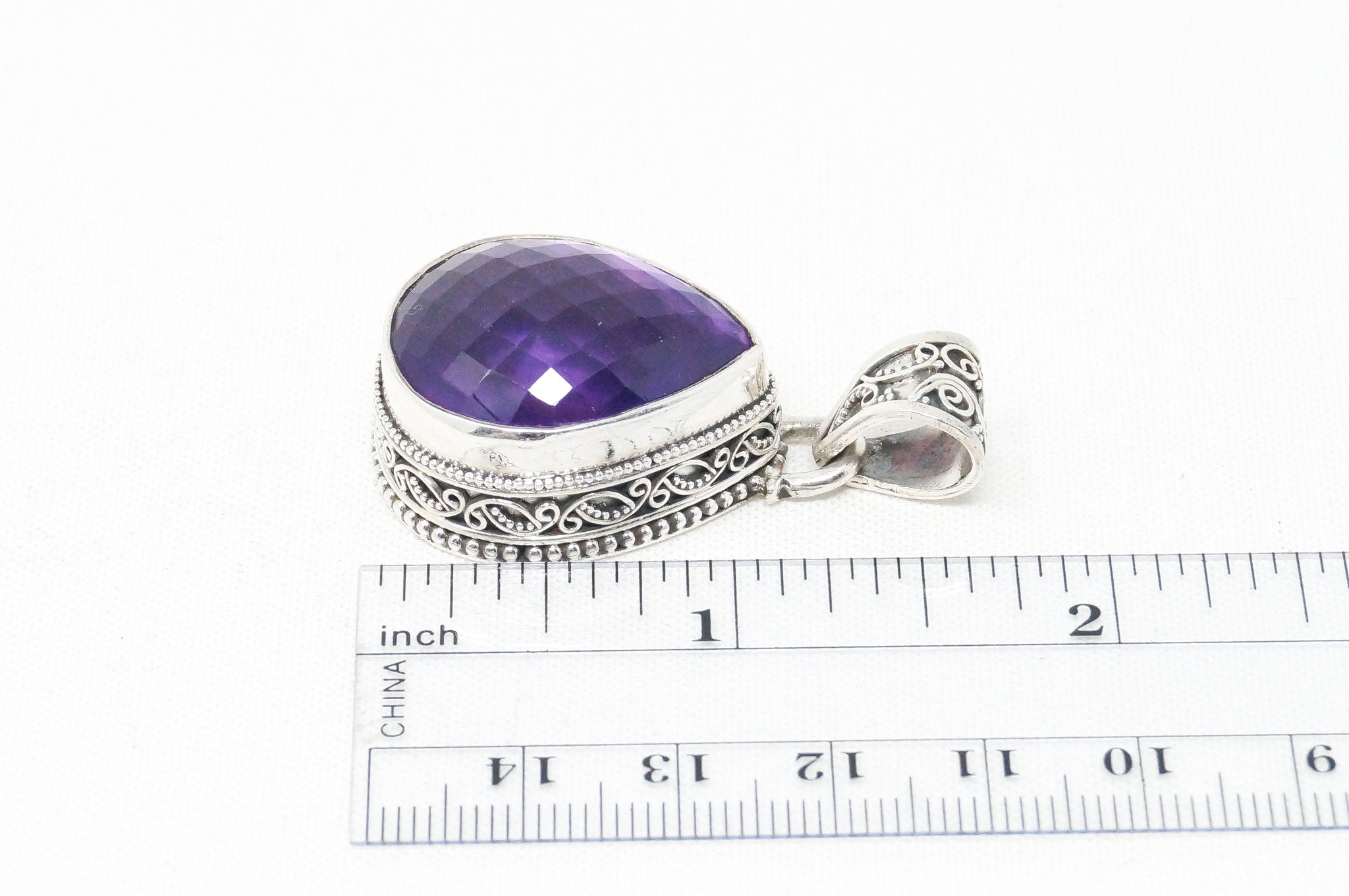 Vintage Large Purple Amethyst Bali Scroll Sterling Silver Necklace Pendant