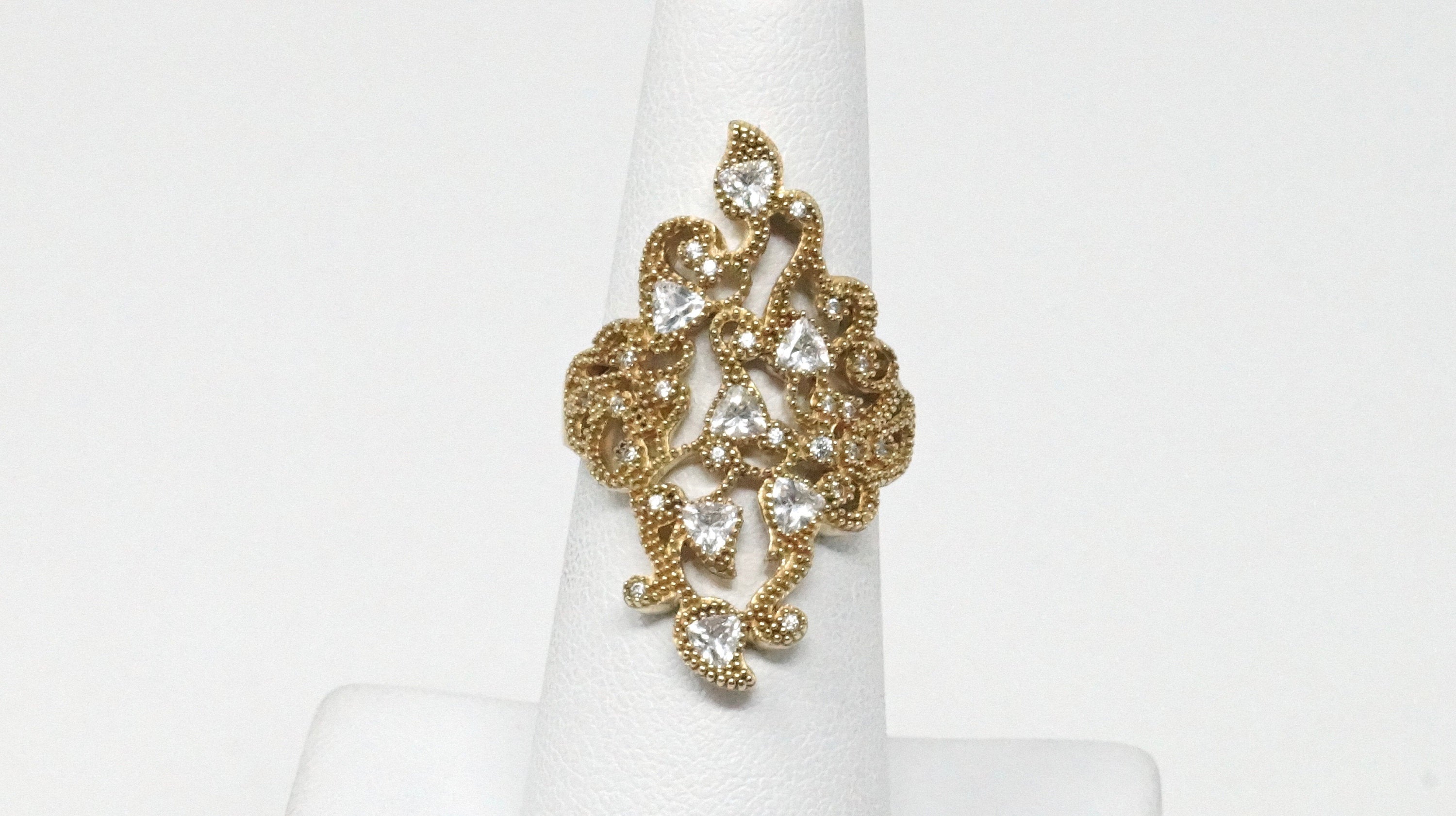 Vintage Ornate Motif CZ Gold Wash Statement Sterling Silver Ring - Size 6.75