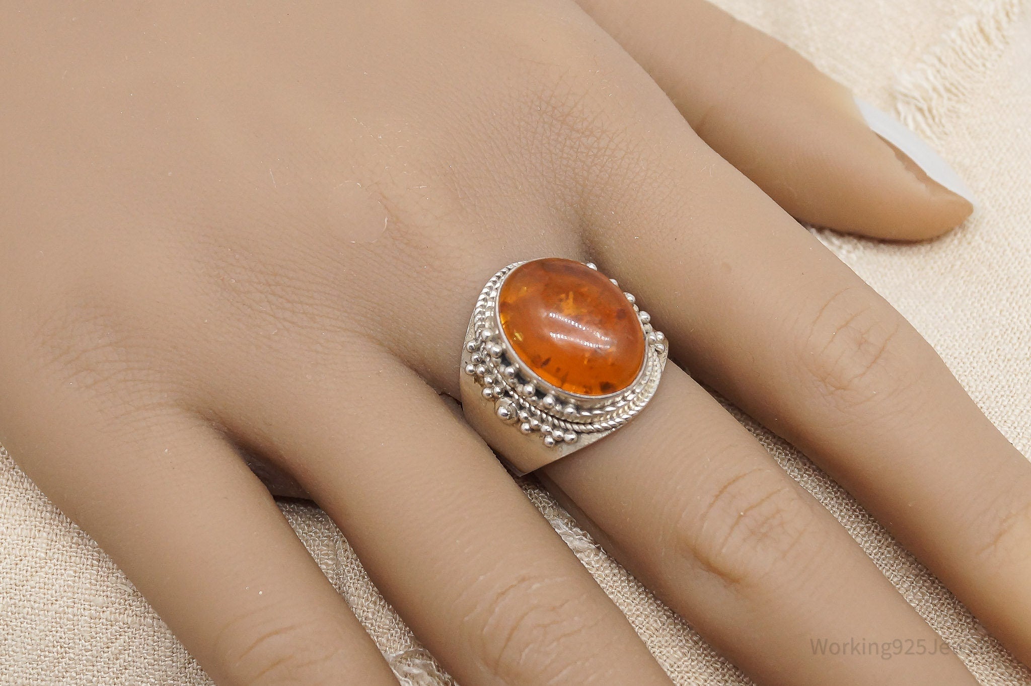 Vintage Amber Sterling Silver Ring - Size 9.75