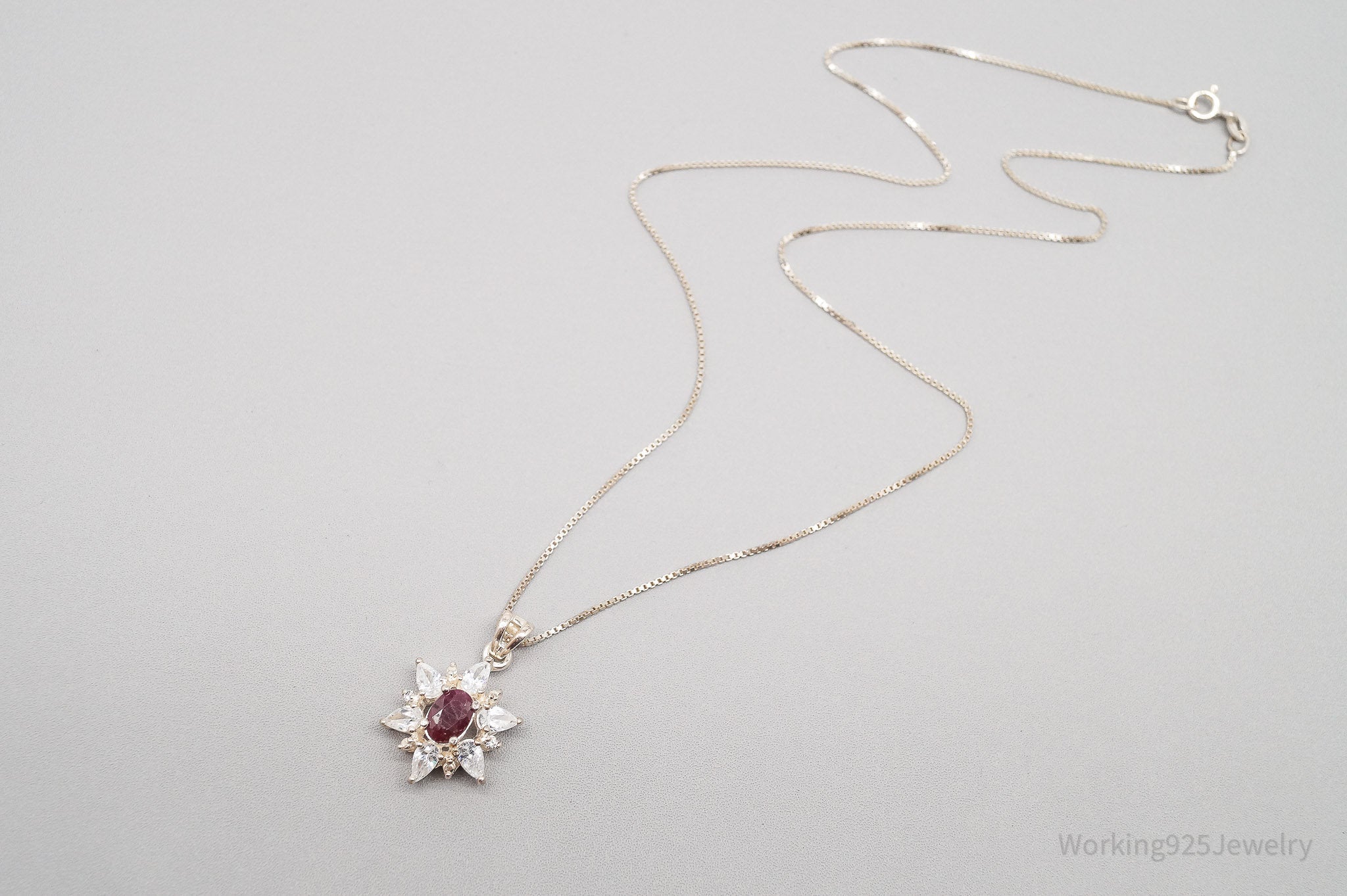 Vintage Raw Cut Ruby Cubic Zirconia Flower Sterling Silver Necklace 18"