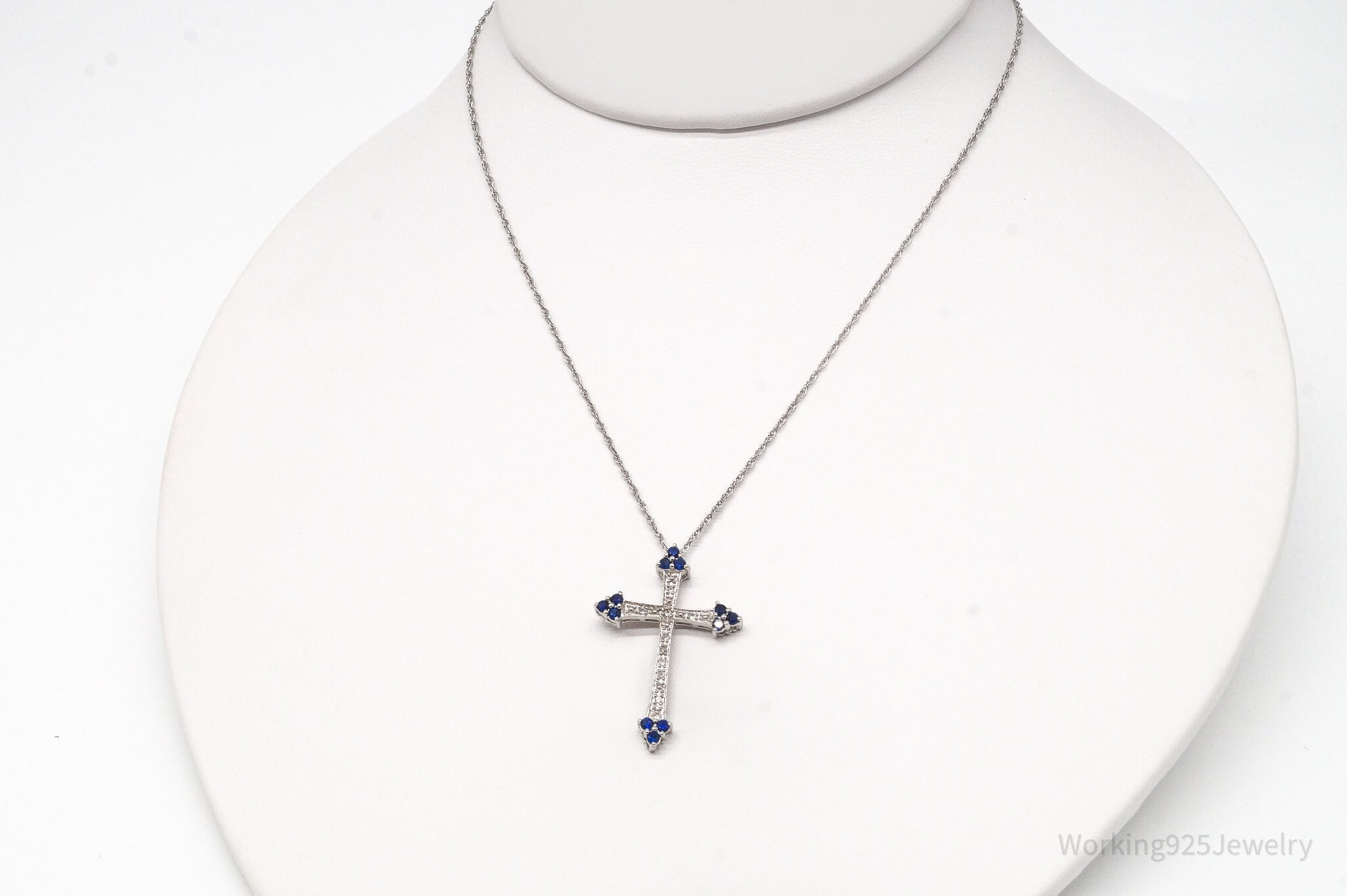 Vintage Lab Sapphire White Topaz Cross Sterling Silver Necklace 18"