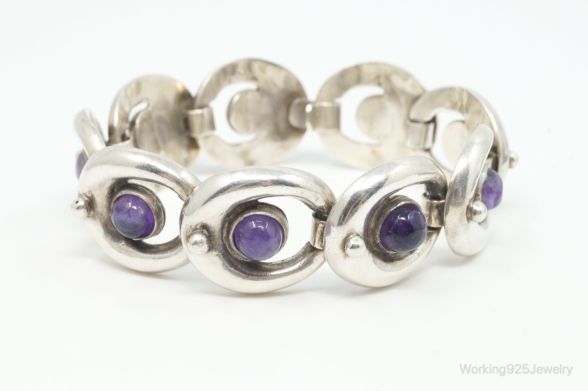 Vintage Mexico Amethyst Modernist Sterling Silver Bracelet