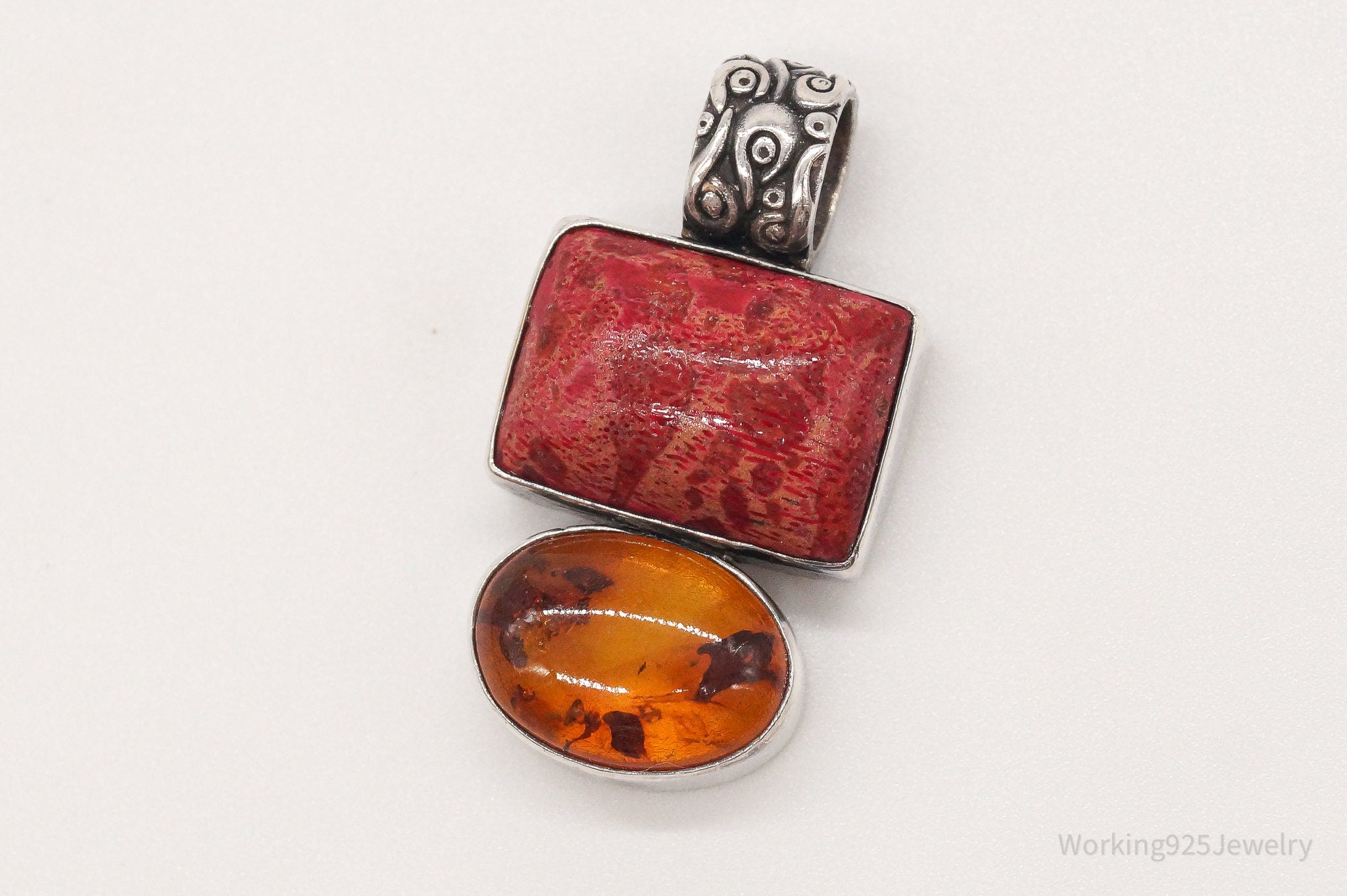 Vintage Red Coral Amber Sterling Silver Pendant