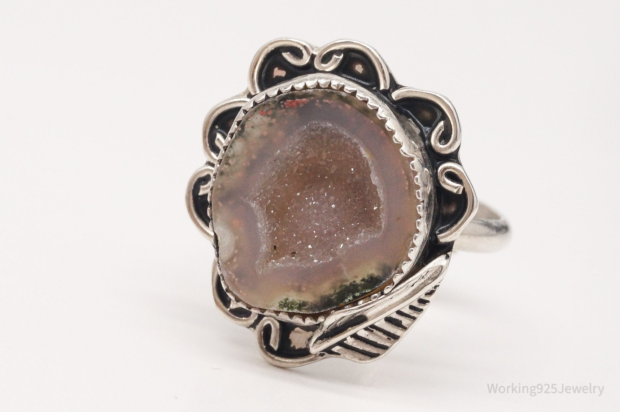 Vintage Druzy Agate Sterling Silver Ring - Size 9.5 Adjustable