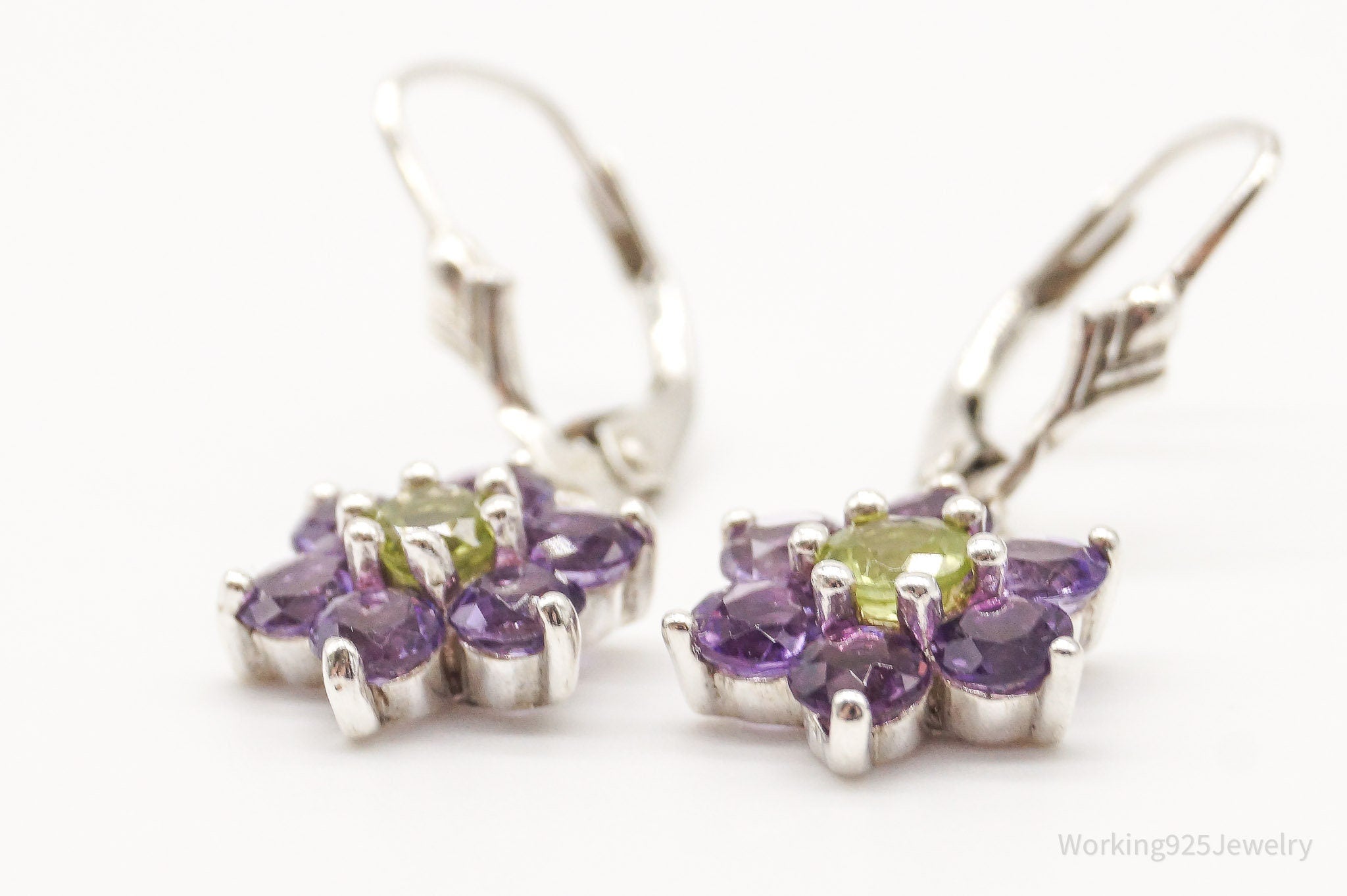 Vintage Peridot Amethyst Flowers Sterling Silver Earrings