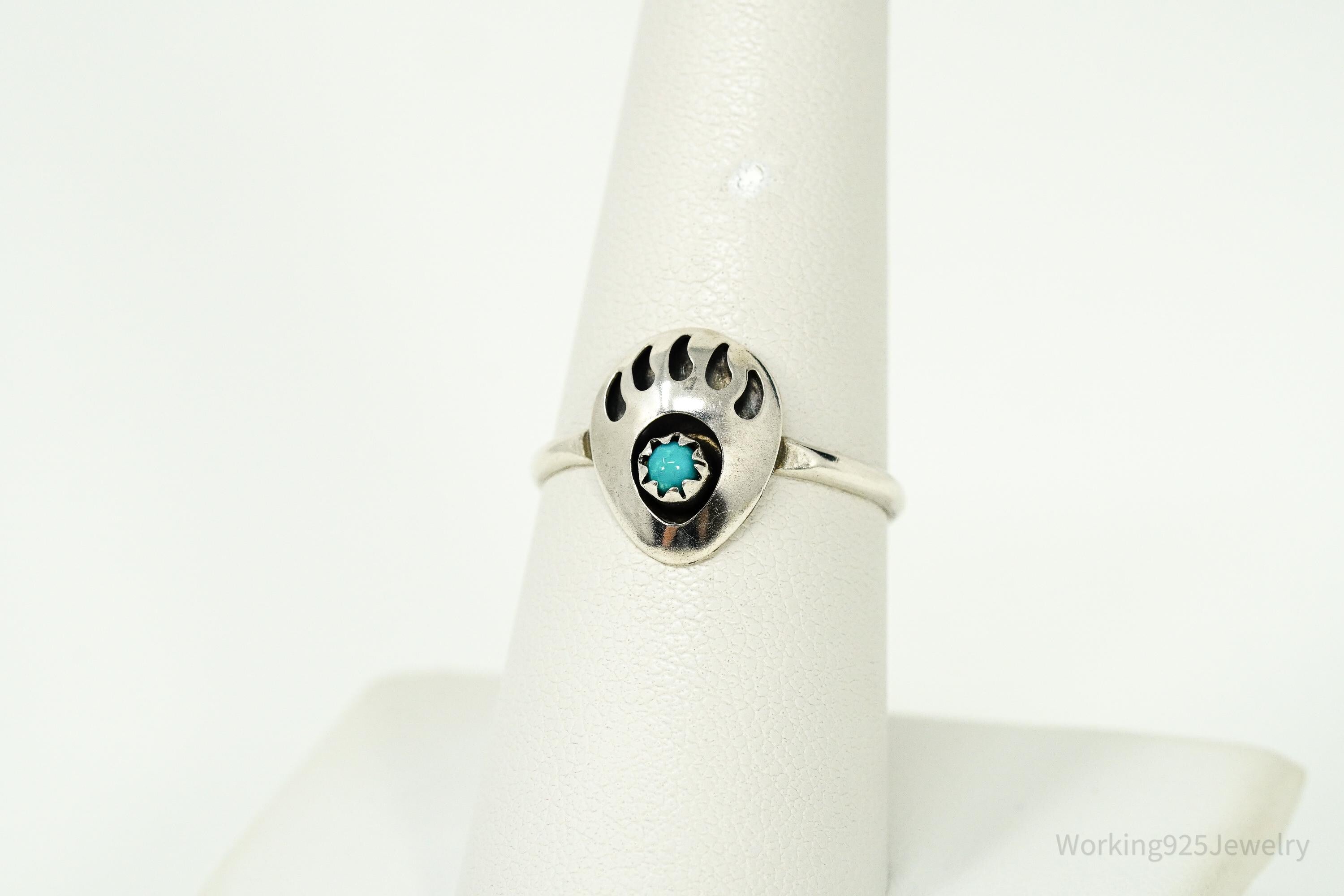 Vintage Handmade Native American Bear Paw Turquoise Silver Ring - Size 8