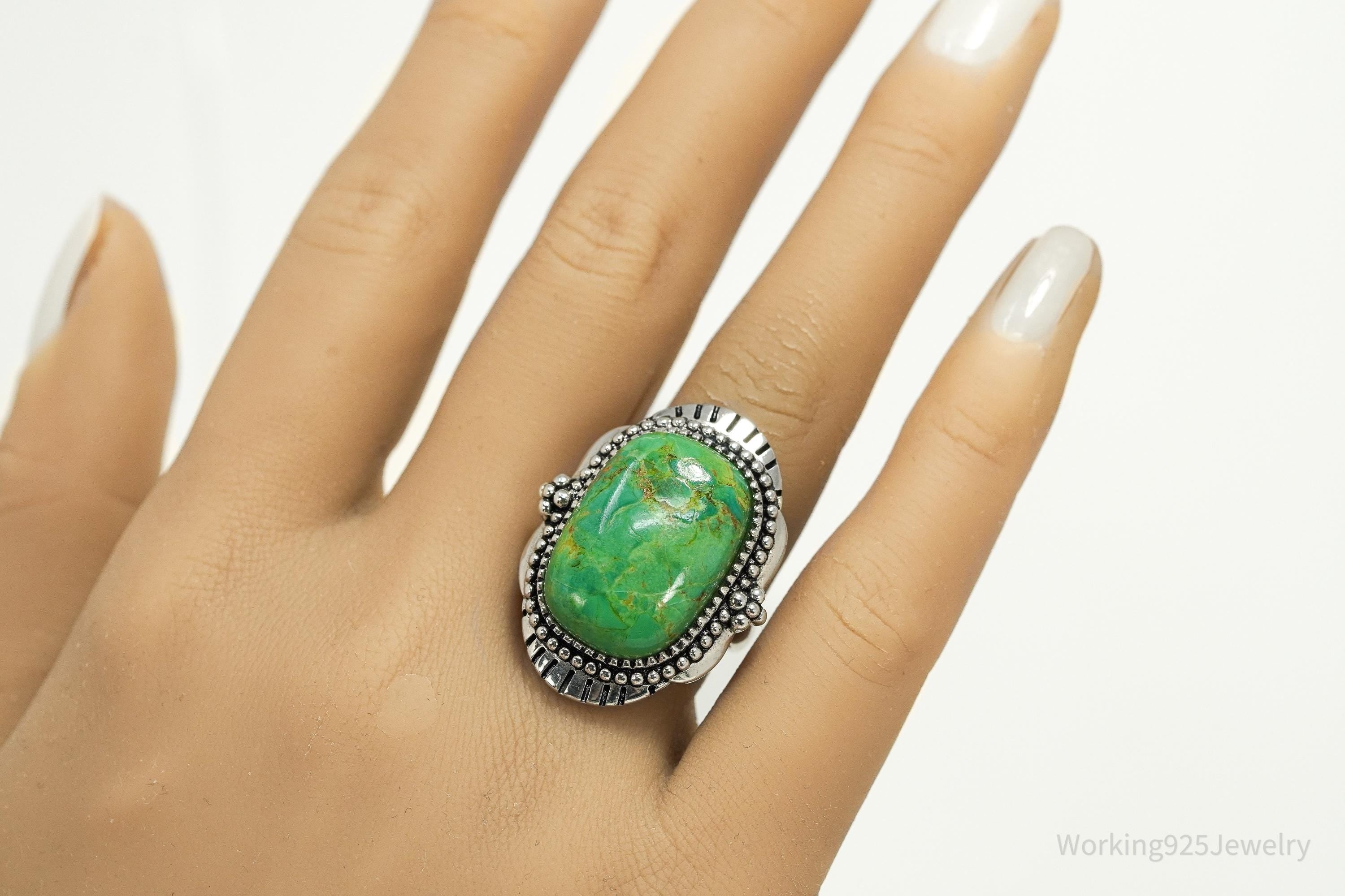 Vintage BBJ Sterling Silver Ring • Large Oval Turquoise Cabochon Size 7