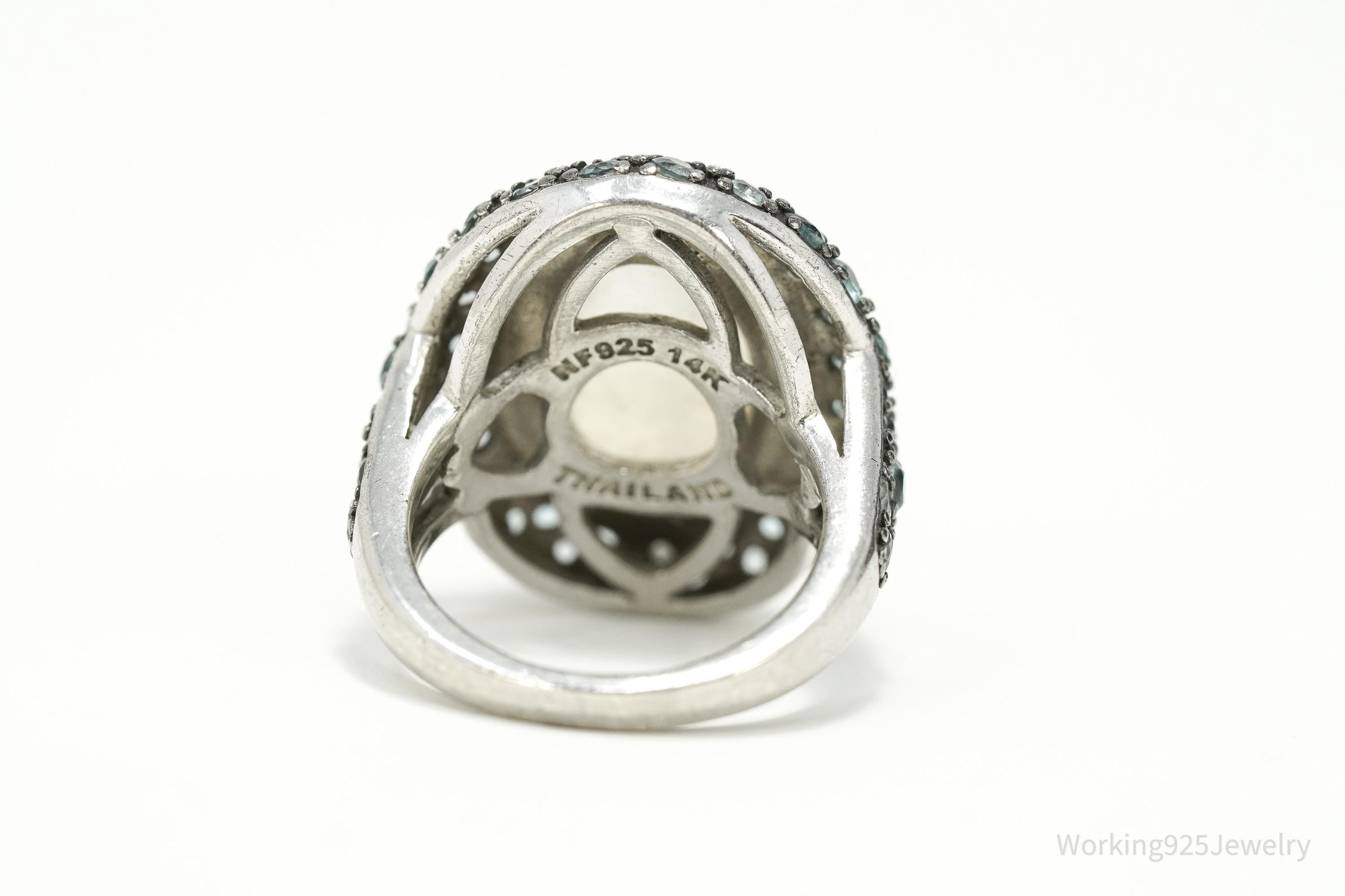 Vintage White Labradorite Moonstone & Blue Topaz 14K Sterling Silver Ring 5.75