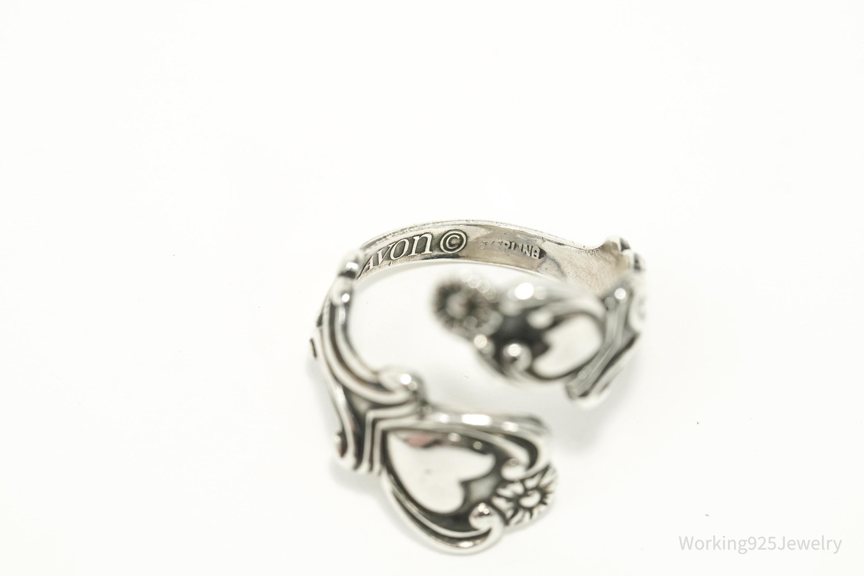 Vintage Avon Hearts & Flowers Sterling Silver Adjustable Wrap Spoon Ring - Size 7.5