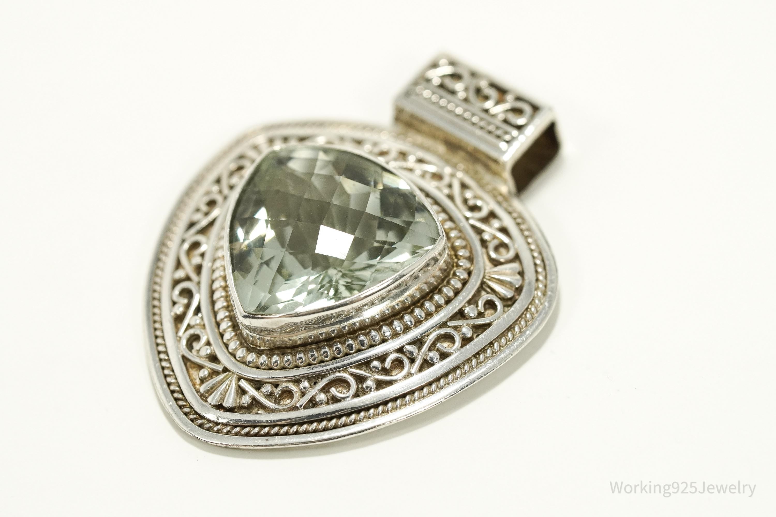 Vintage Nepal Large Prasiolite Sterling Silver Necklace Pendant