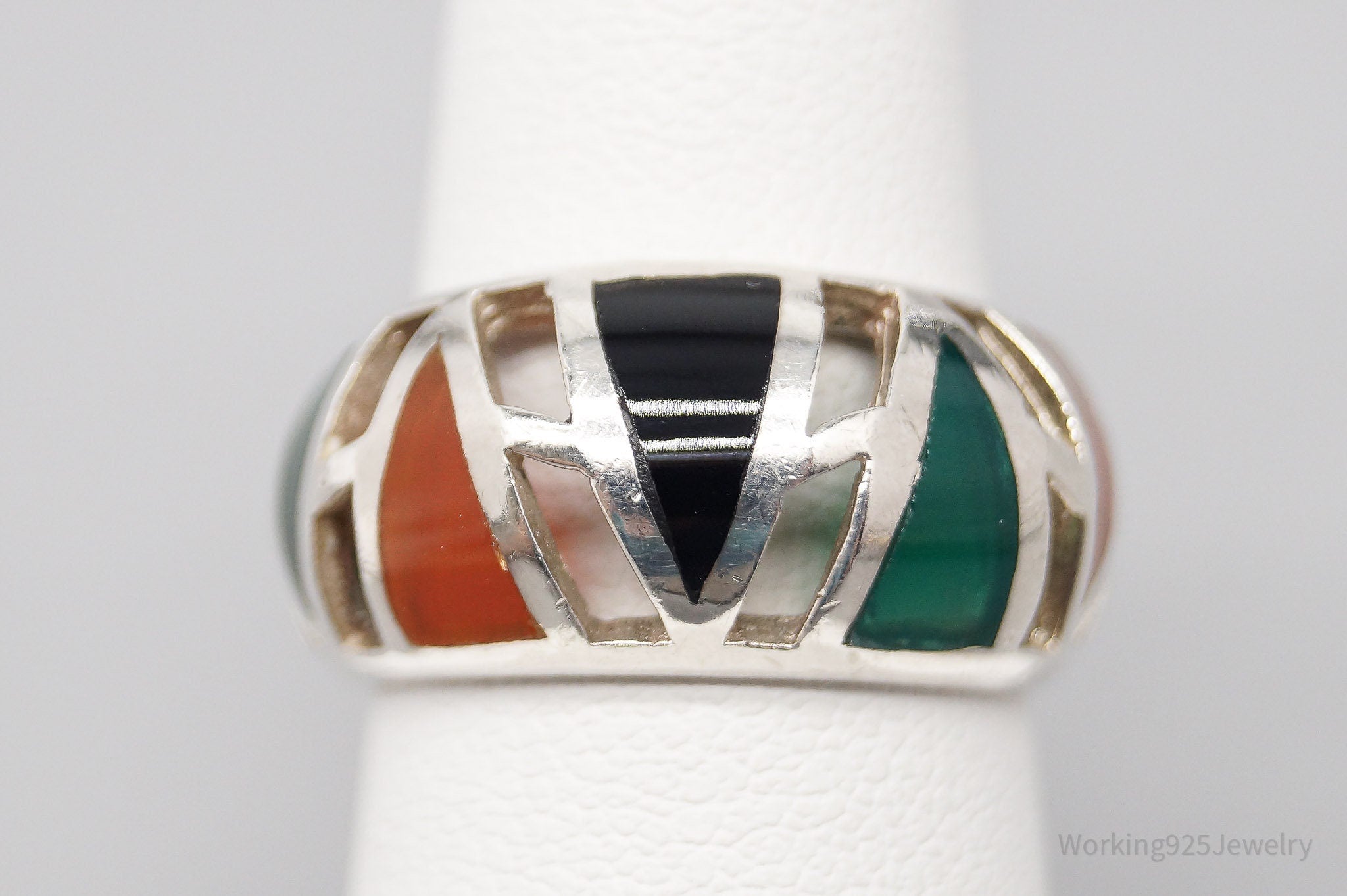 Vintage Multi Color Onyx Inlay Sterling Silver Ring - Size 6