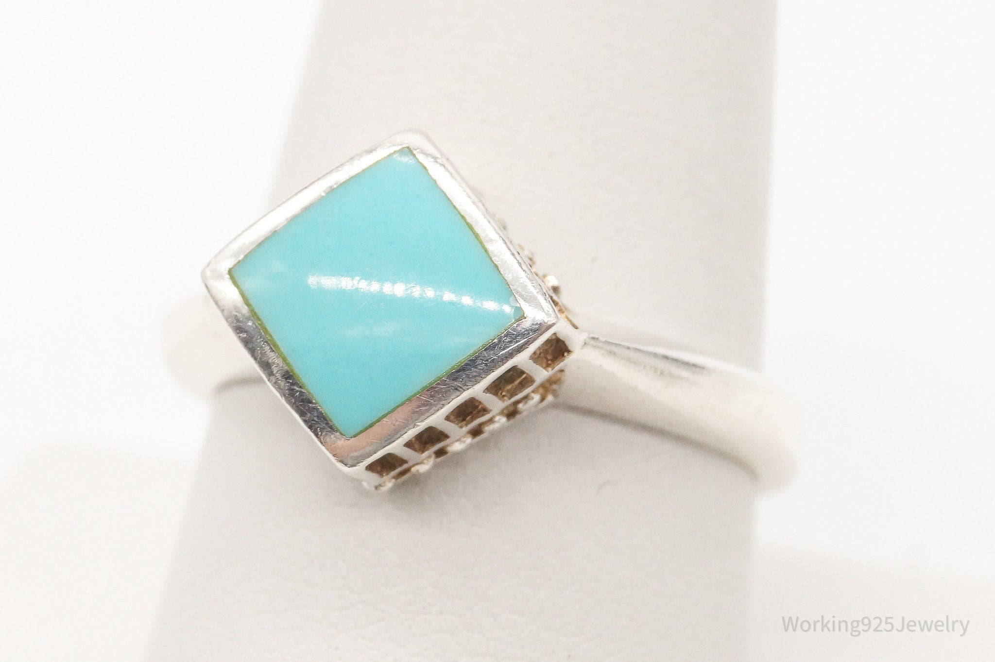 Vintage Lab Created Turquoise Sterling Silver Ring - Size 8.75