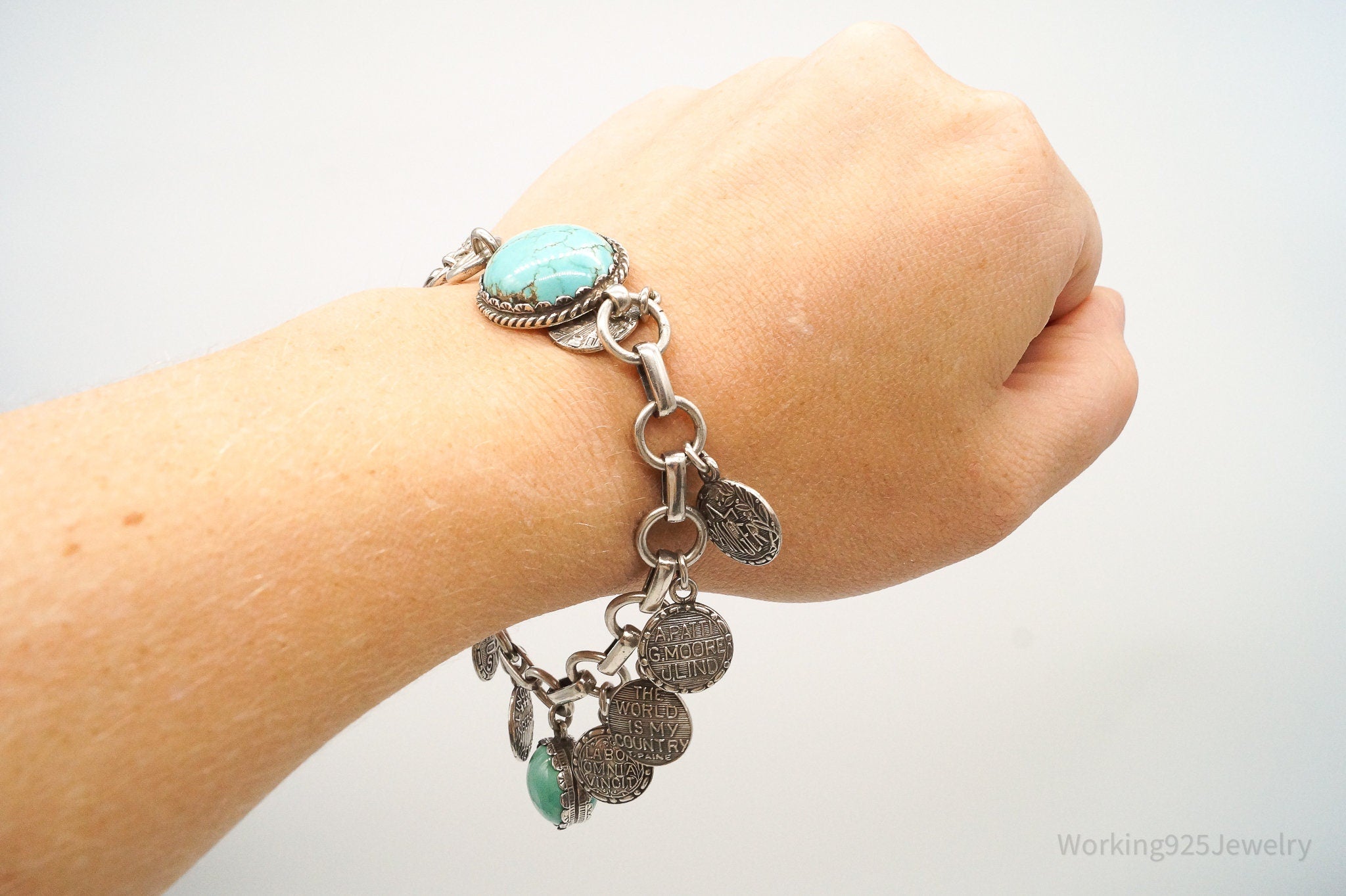 Vintage Turquoise Latin Quotes Solid Silver Charms Bracelet