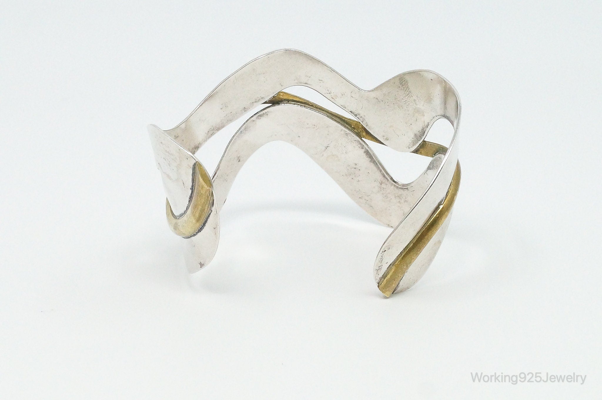 Vintage Mexico Designer Modernist Style Brass Sterling Silver Cuff Bracelet