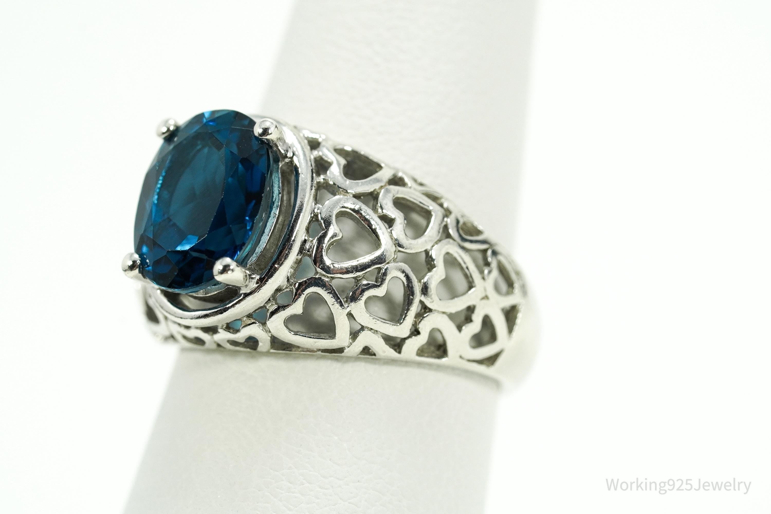 Vintage London Blue Topaz & Hearts Pattern Sterling Silver Ring - Size 6