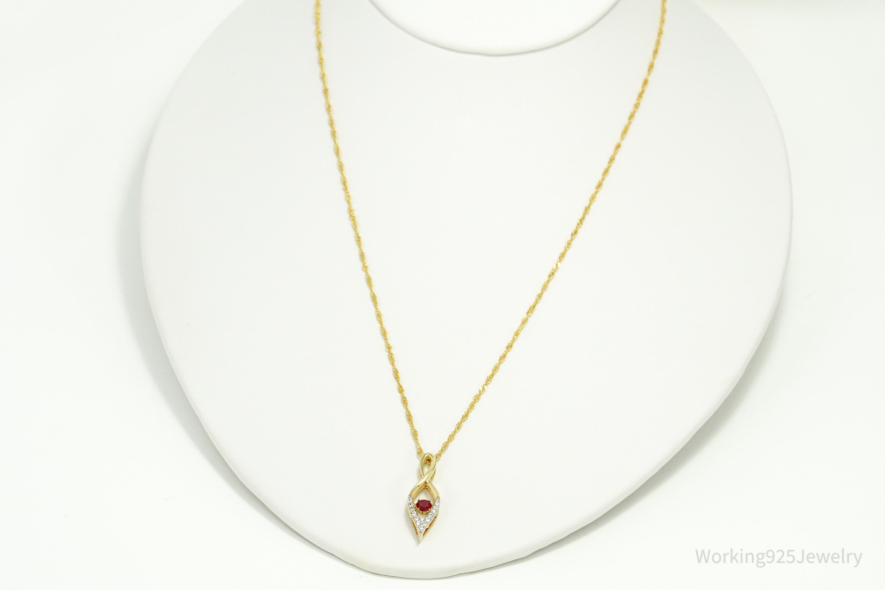 Vintage Ruby & White Sapphire Gold Plated Sterling Silver Necklace 19"