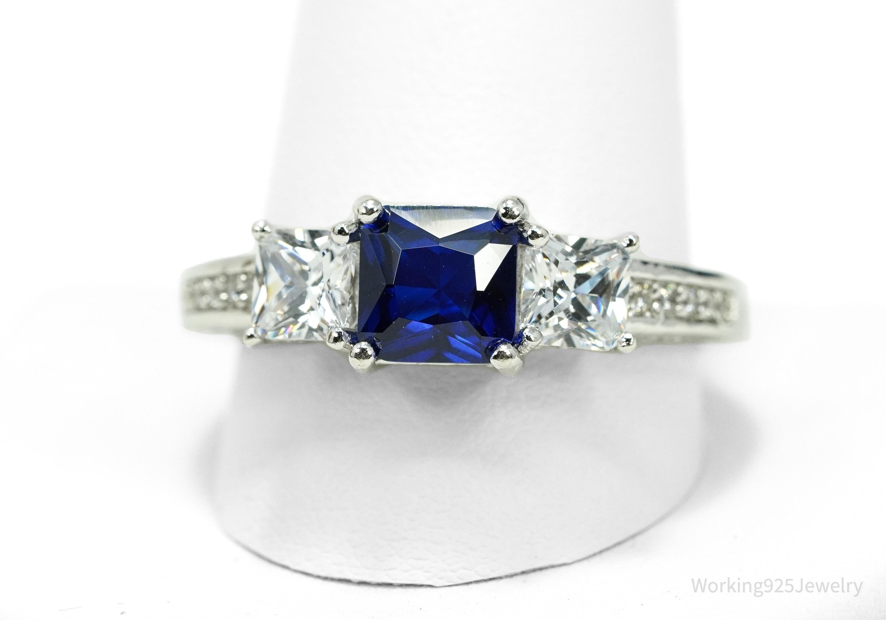 Vintage Lab Sapphire & Cubic Zirconia Sterling Silver Ring - Size 12.25
