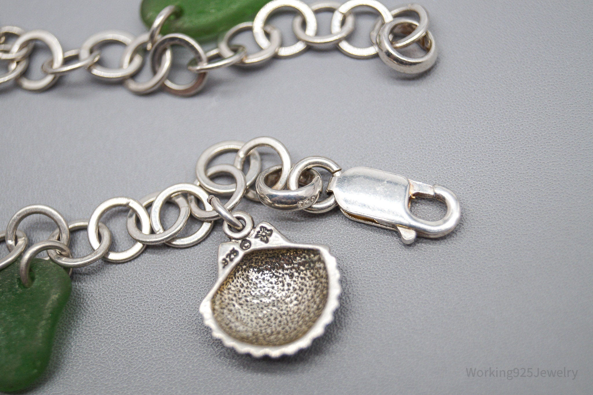 Vintage Ocean & Green Sea Glass Charms Sterling Silver Bracelet - 7.75"