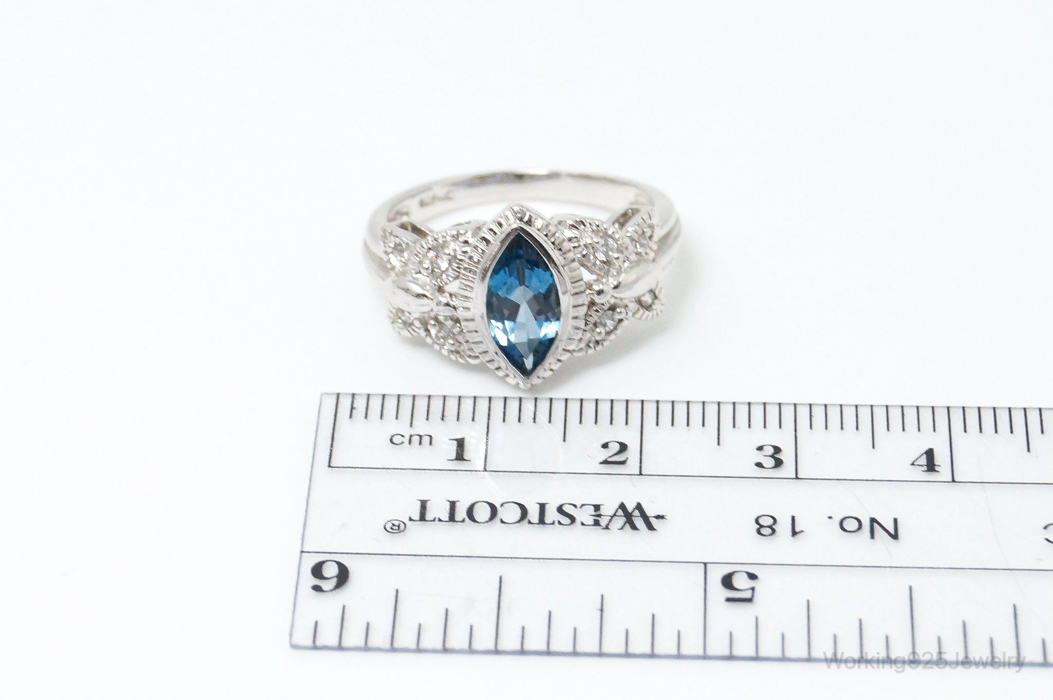 Vintage London Blue Topaz Cubic Zirconia Ring Sterling Silver - Size 7.75