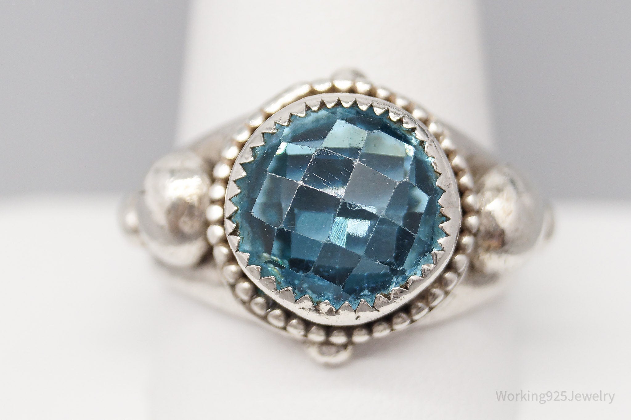 Vintage Modernist Style Blue Topaz Sterling Silver Ring - Size 11.75