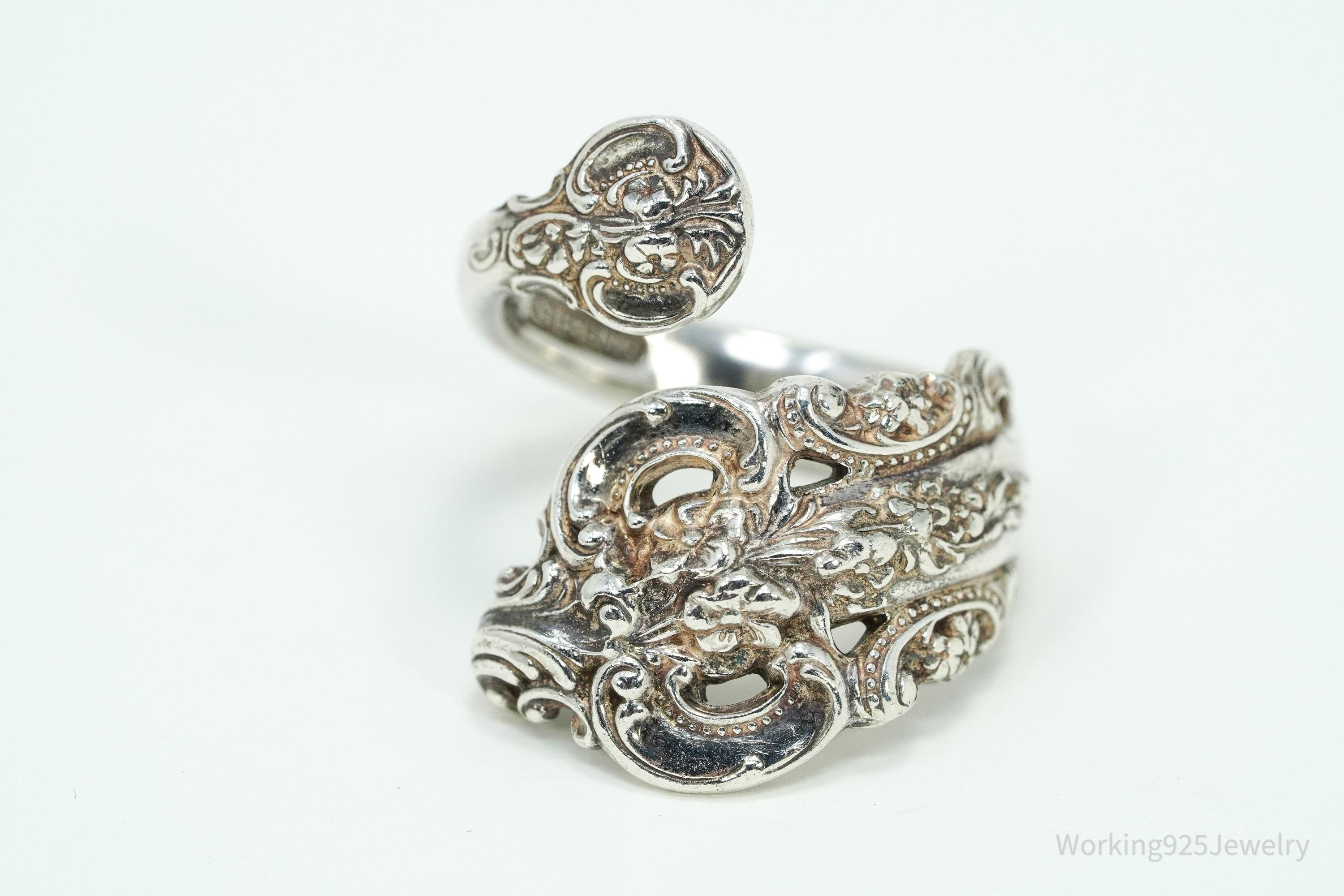 Antique WALLACE Art Nouveau Floral Sterling Silver Spoon Ring - Size 7