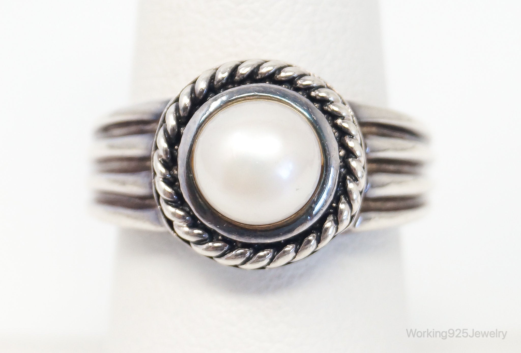 Vintage Pearl Cable Cord Sterling Silver Ring - Size 7