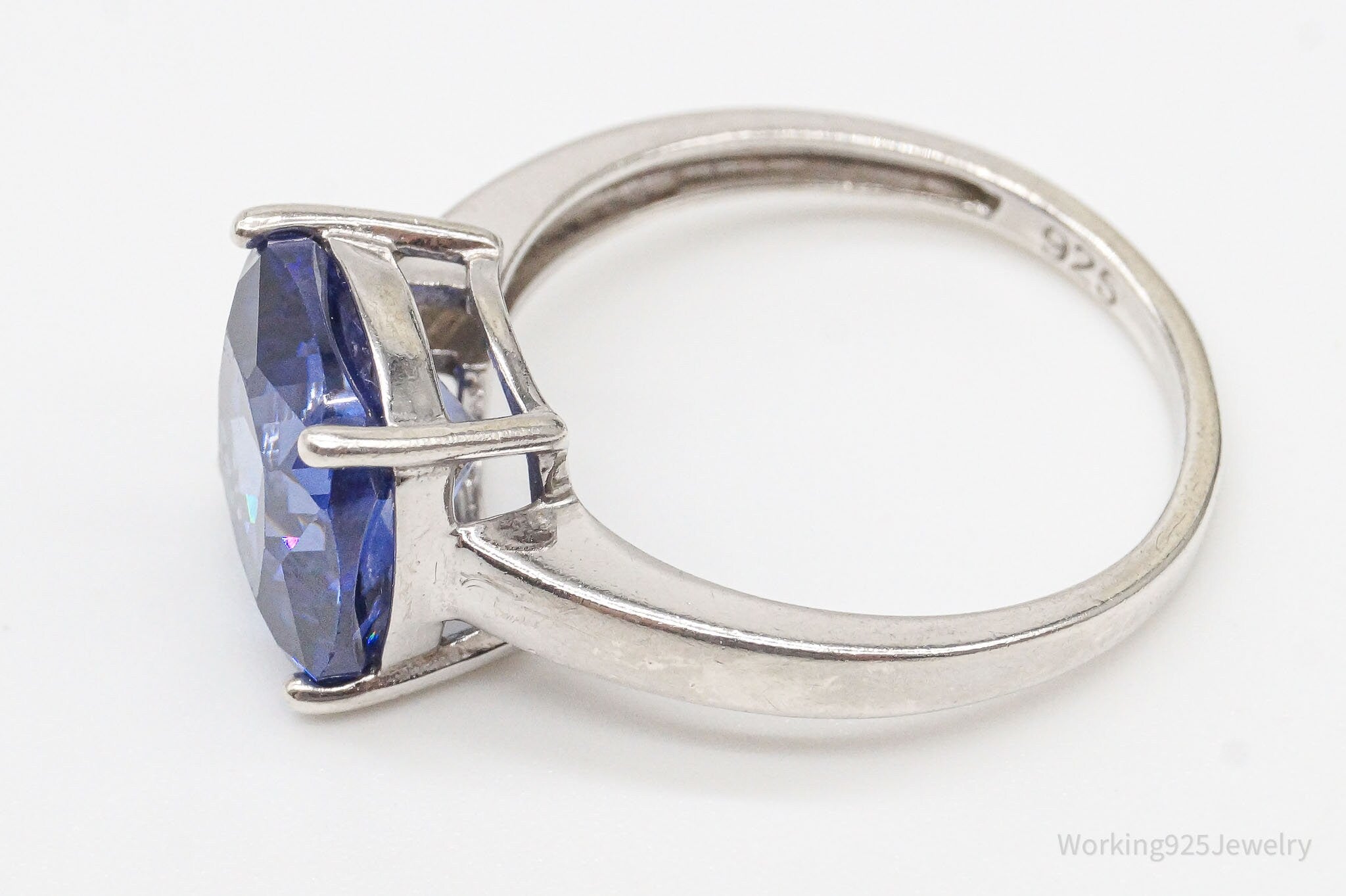 Vintage Large Blue Cubic Zirconia Sterling Silver Ring Size 7