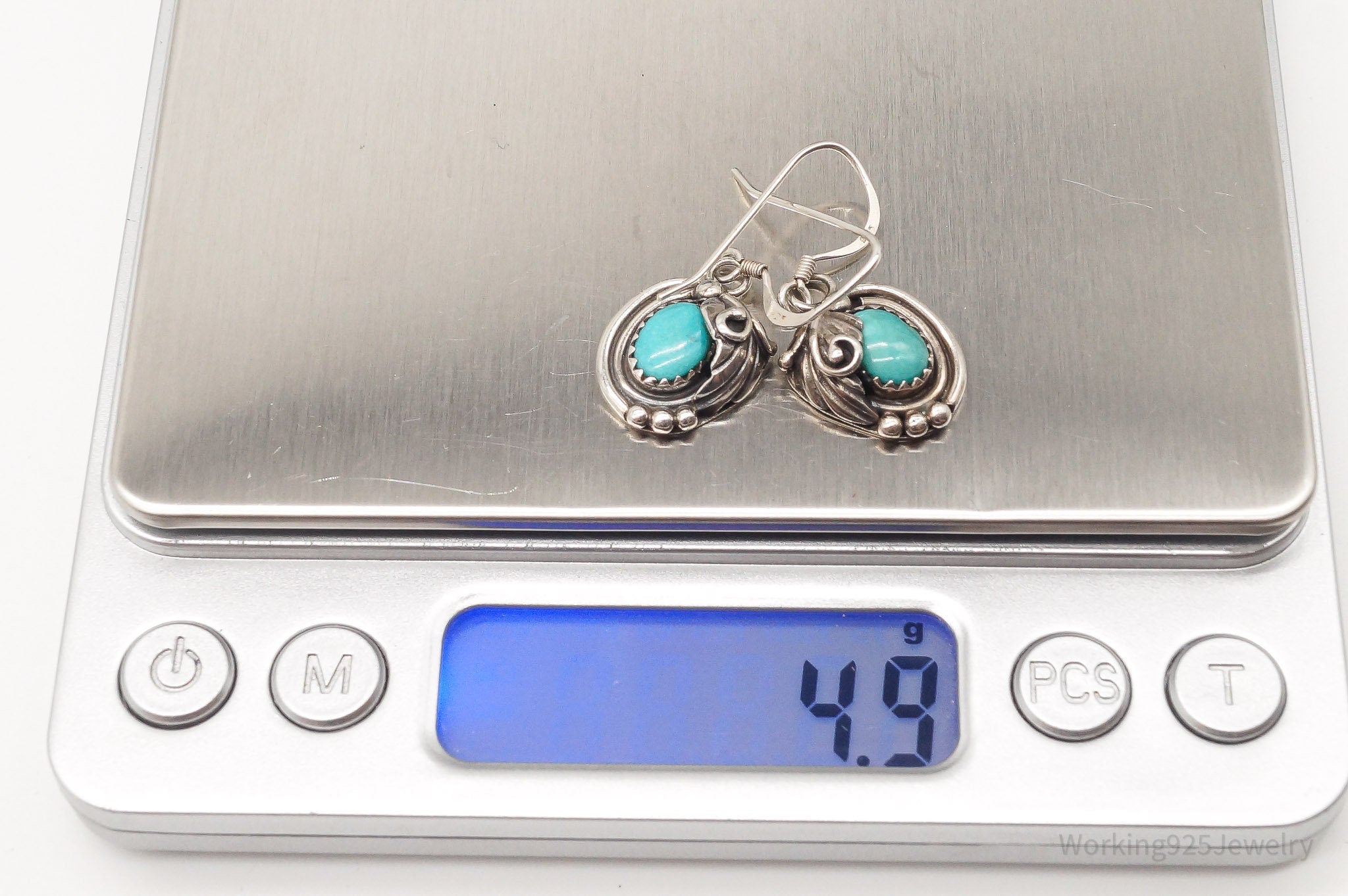 Vintage Native American Artisan LG Turquoise Sterling Silver Earrings