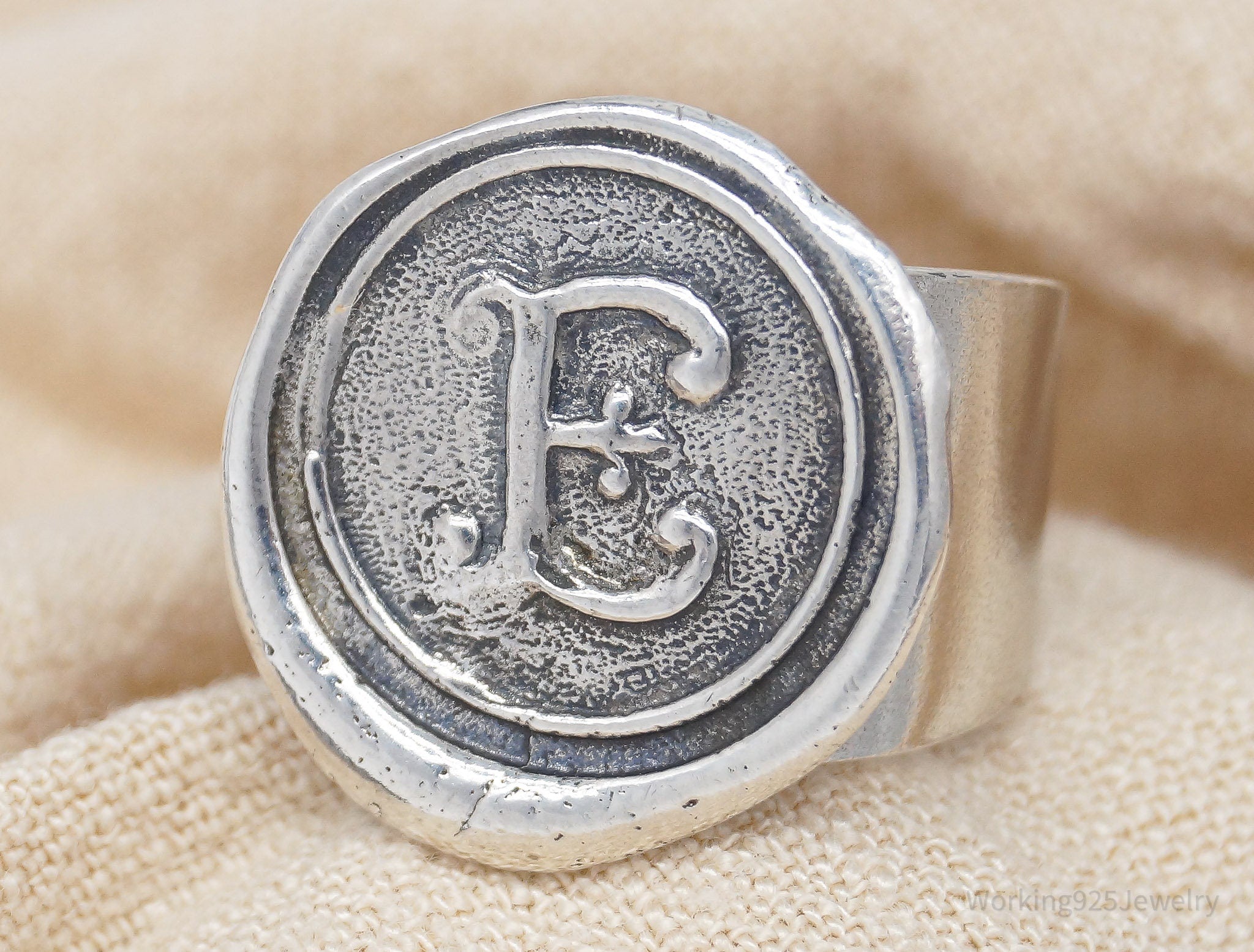 Vintage E Initial Wax Seal Sterling Silver Ring - Size 7.25