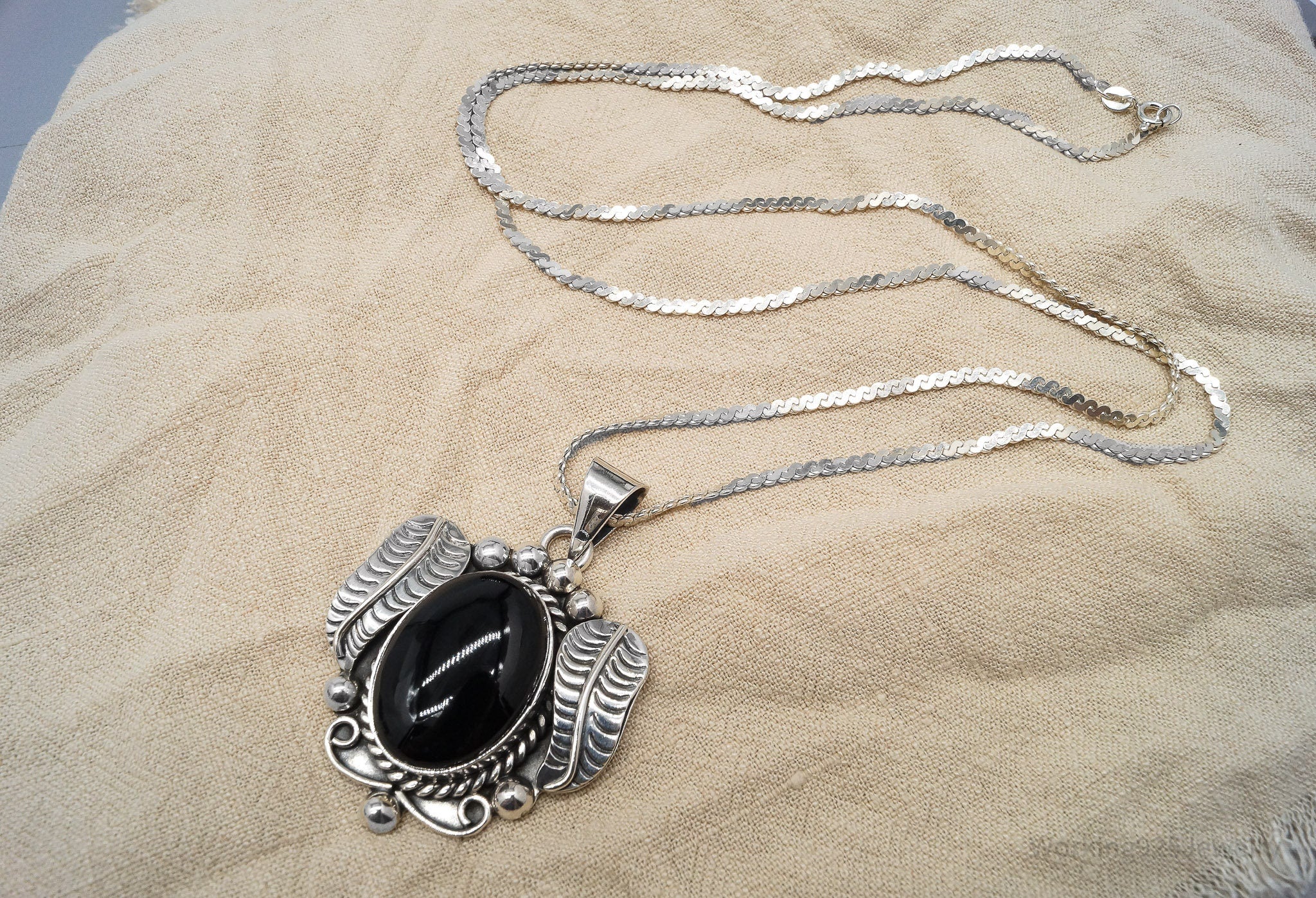 Vintage Mexico Black Onyx Sterling Silver Necklace 30"