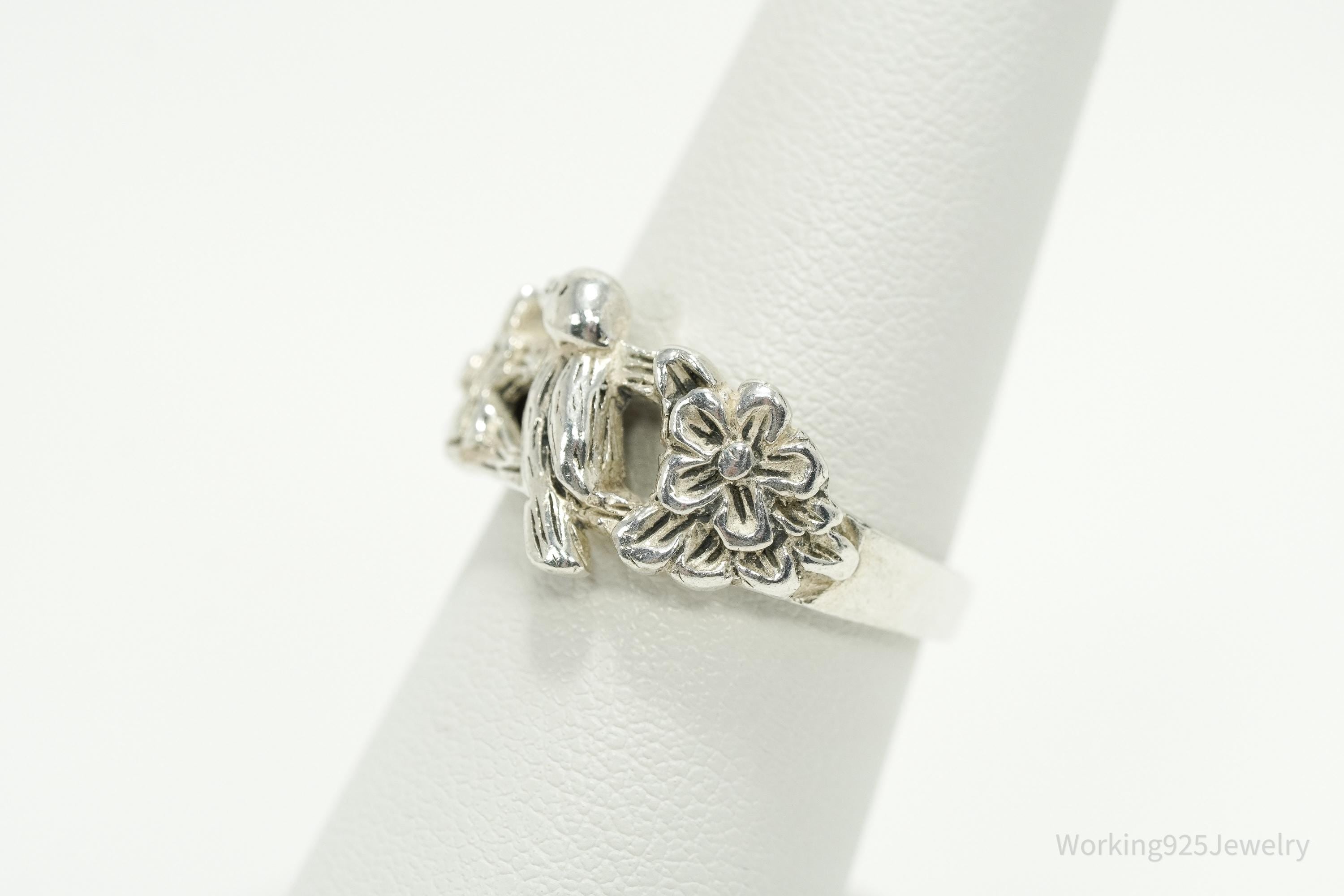 Vintage Bird & Flowers Sterling Silver Ring - Size 6.75