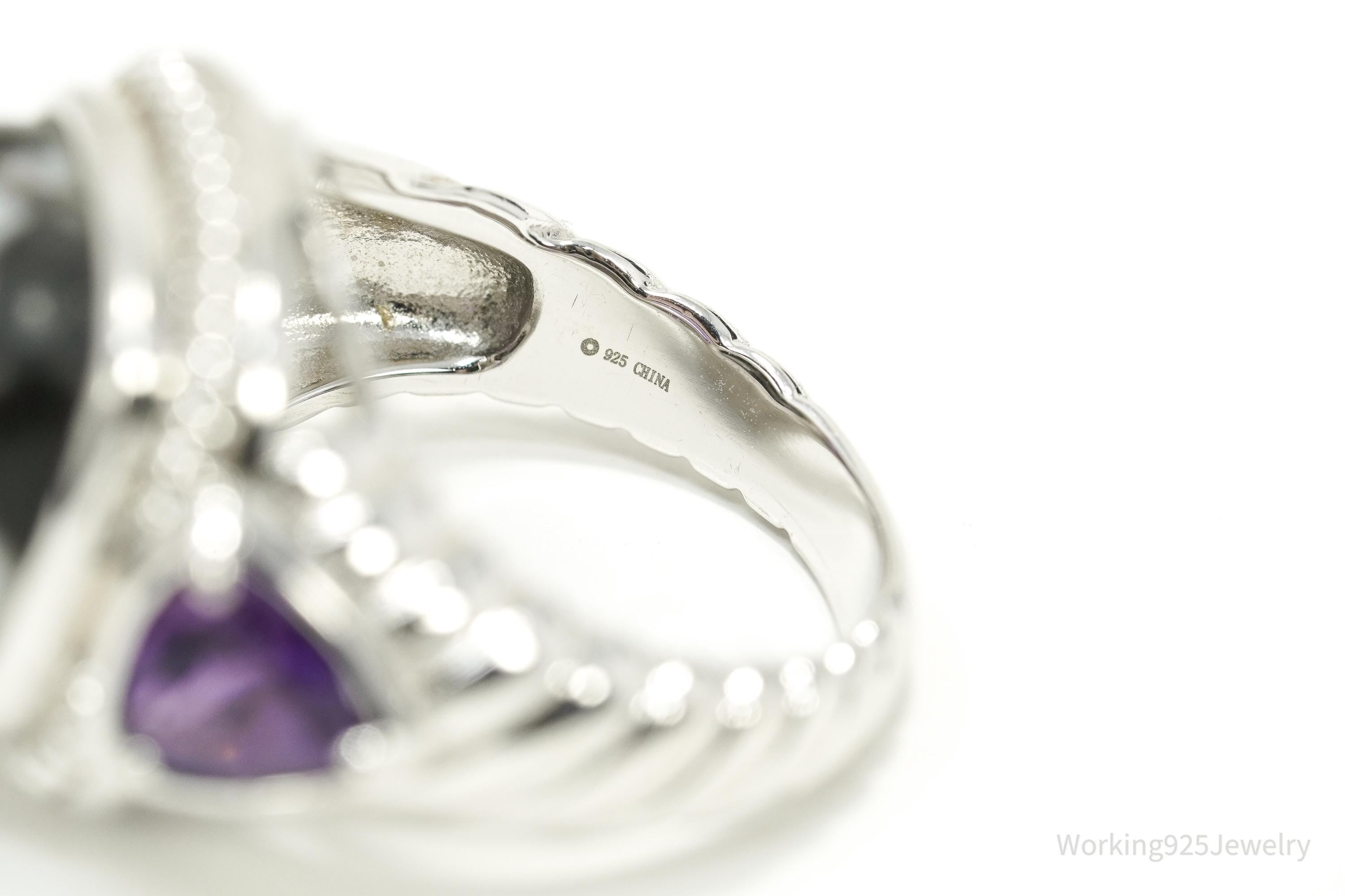 Vintage Black & White Gemstone Amethyst Sterling Silver Ring – Size 7