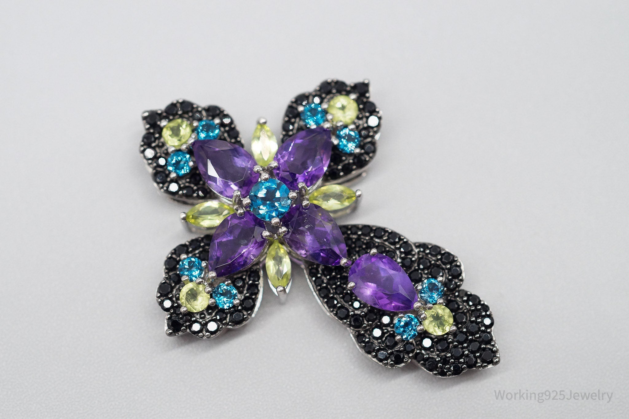 Large JTV DK Multi Gemstone Rhodium Over Sterling Silver Cross Pendant