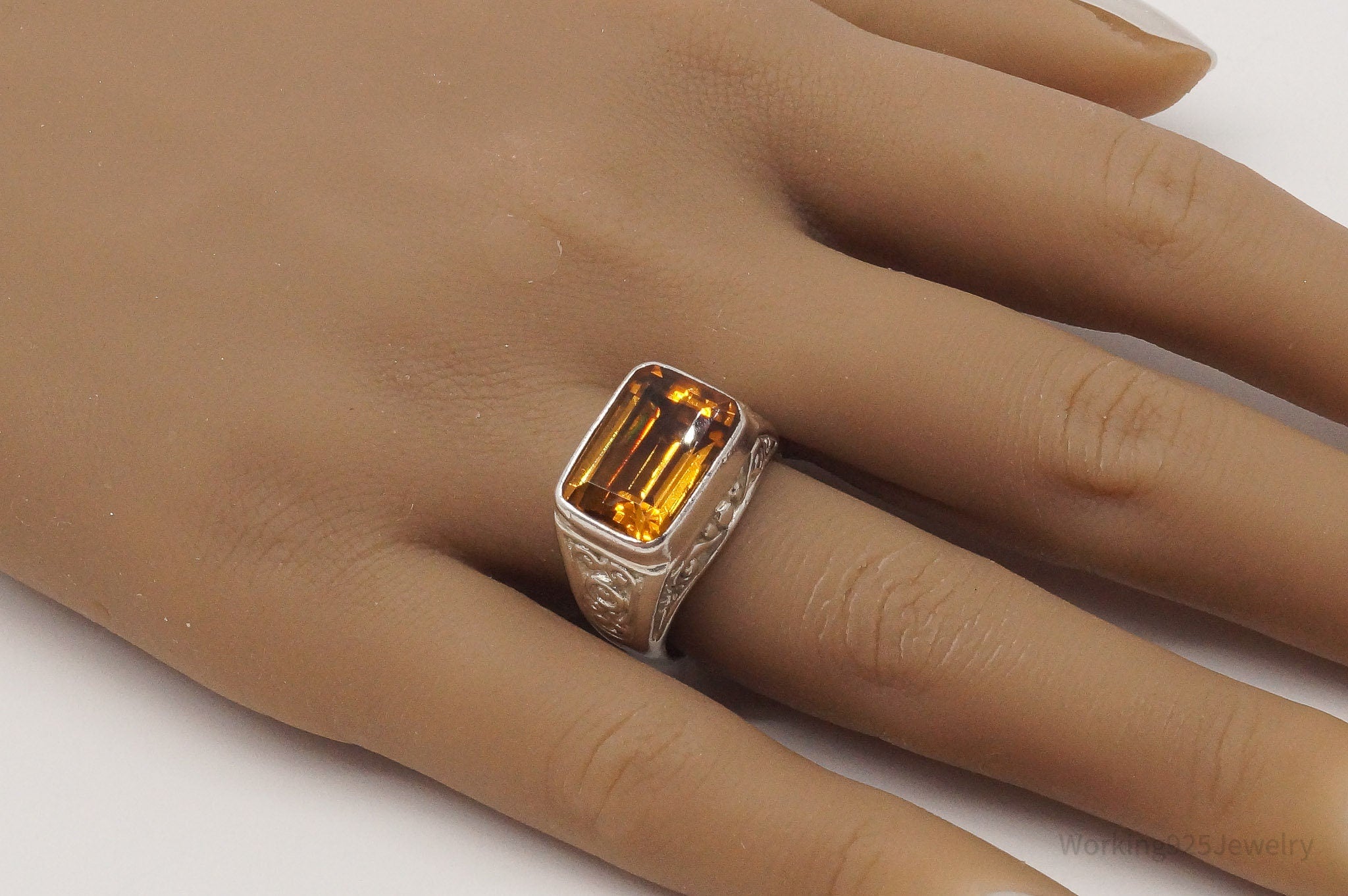 Vintage Large Citrine Sterling Silver Ring - Size 7.5